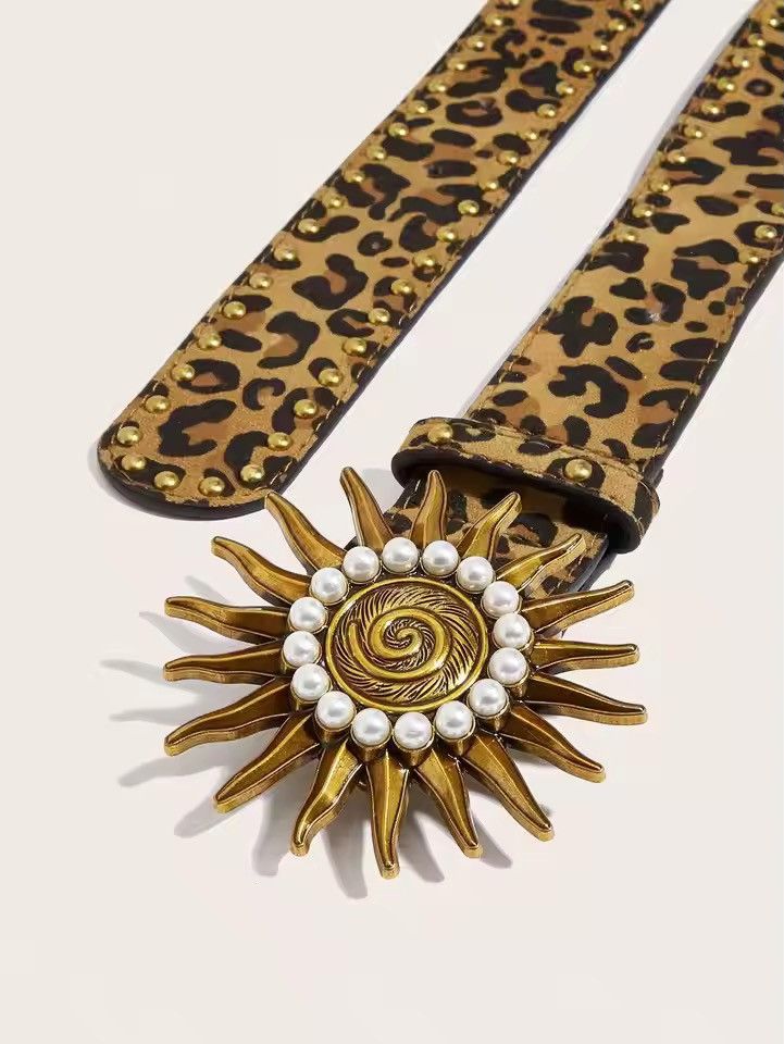 Japanese Brand NEW Leopard Print PU Leather Belt - Sunburst Pearl -112 cm Size 32 - 3 Thumbnail