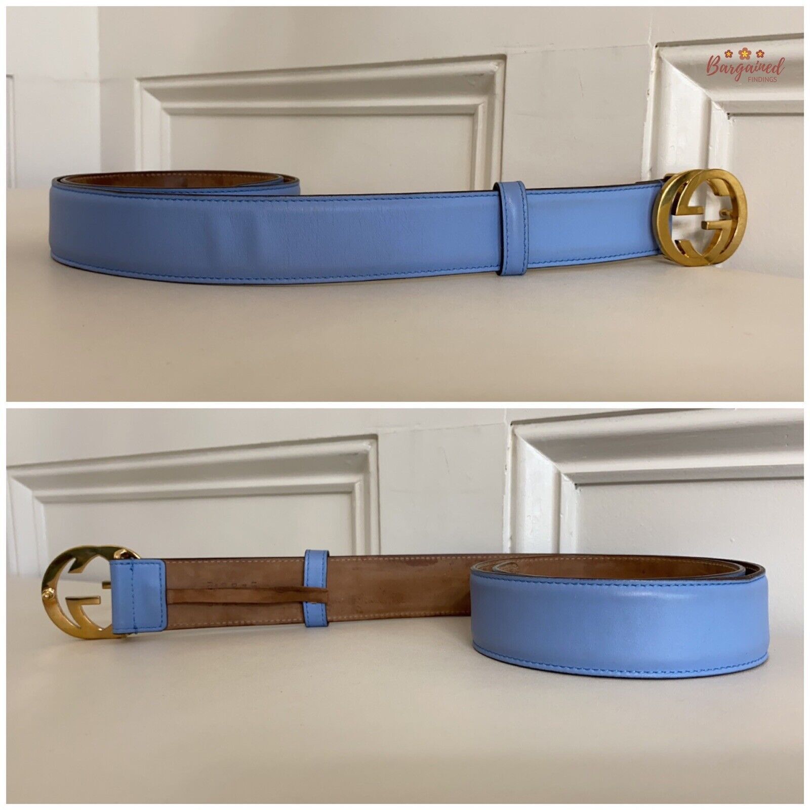 Gucci Gucci Blue Calfskin Leather Gold Interlocking G Buckle Belt Size 30 - 3 Thumbnail