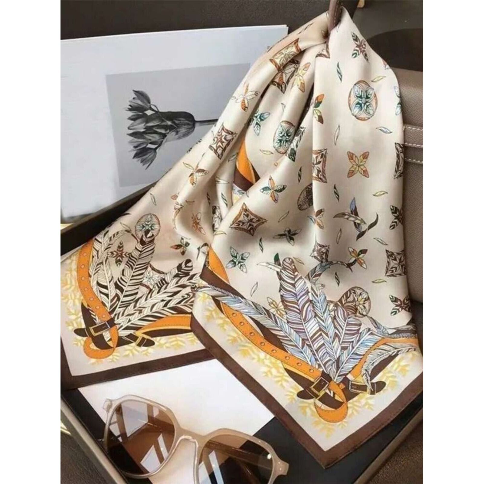 Other New Elegant Bandana Feathers Beige Brown Scarf Classic Wrap Size ONE SIZE - 5 Thumbnail