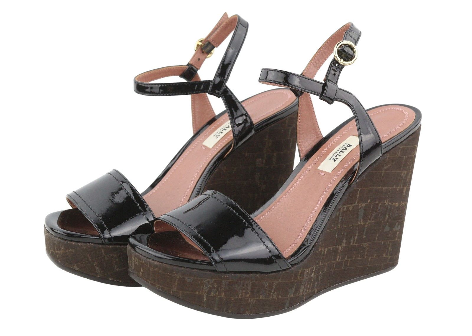Bally CLIVYA EU37.5 Black Patent Leather Slingback Wedge 88408 Size US 6.5 / IT 36.5 - 4 Thumbnail