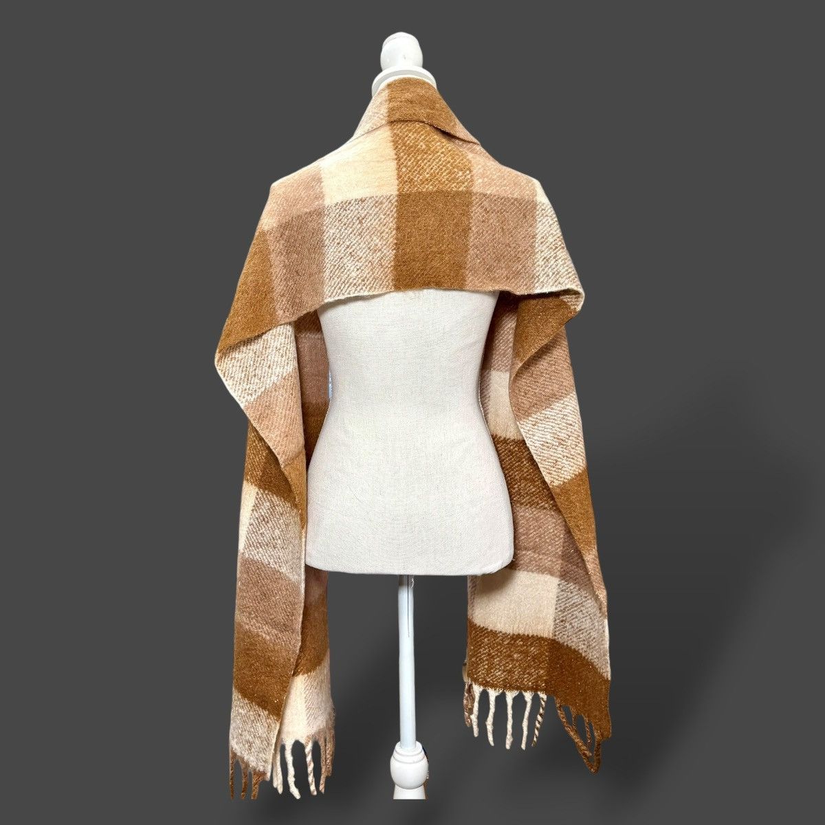 Cole Haan Cole Haan Oxford Tan Checkered Fringe Scarf 10”x70” Size ONE SIZE - 6 Thumbnail