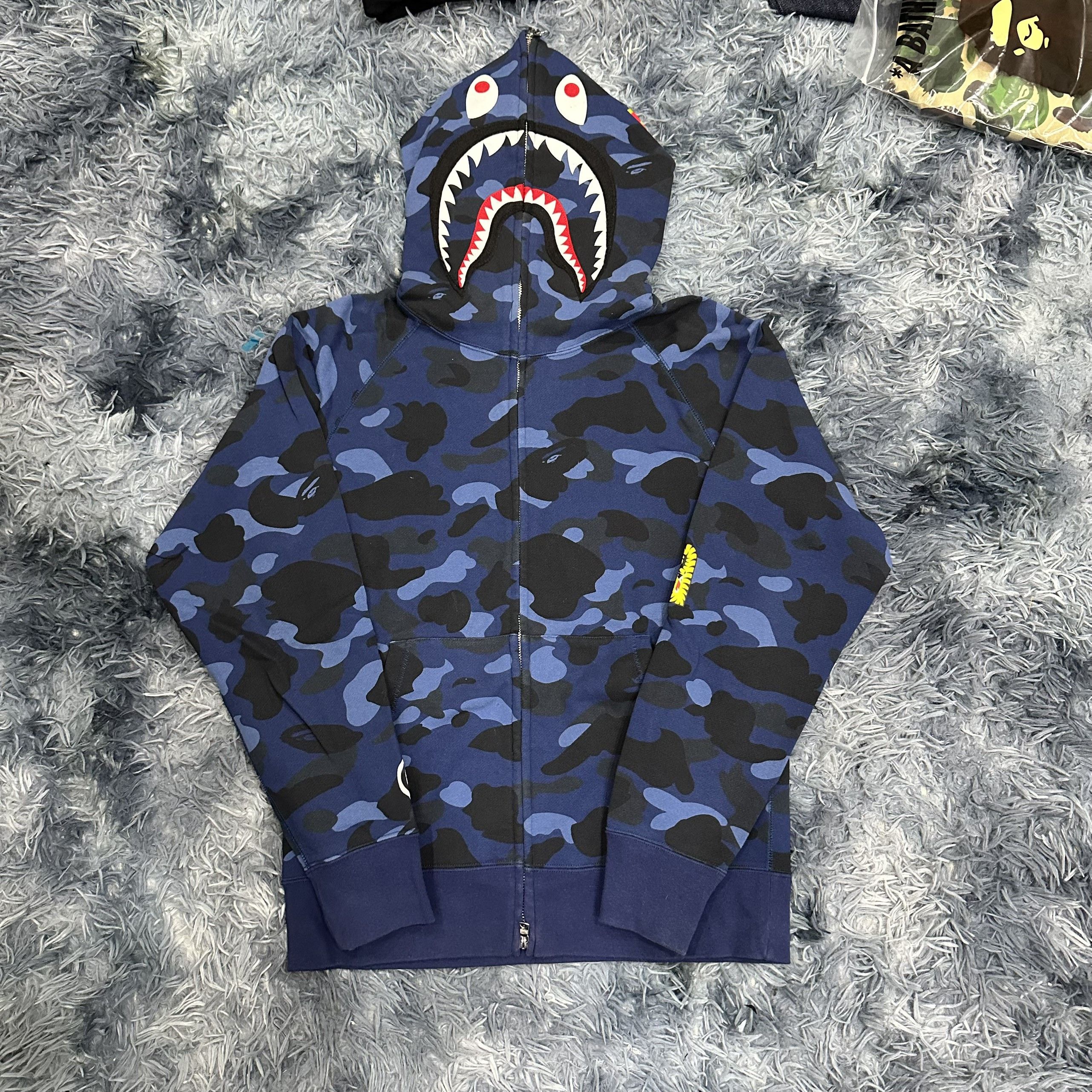 image of Bape Color Camo Ponr Shark Full Zip Hoodie in Navy, Men's (Size Medium)