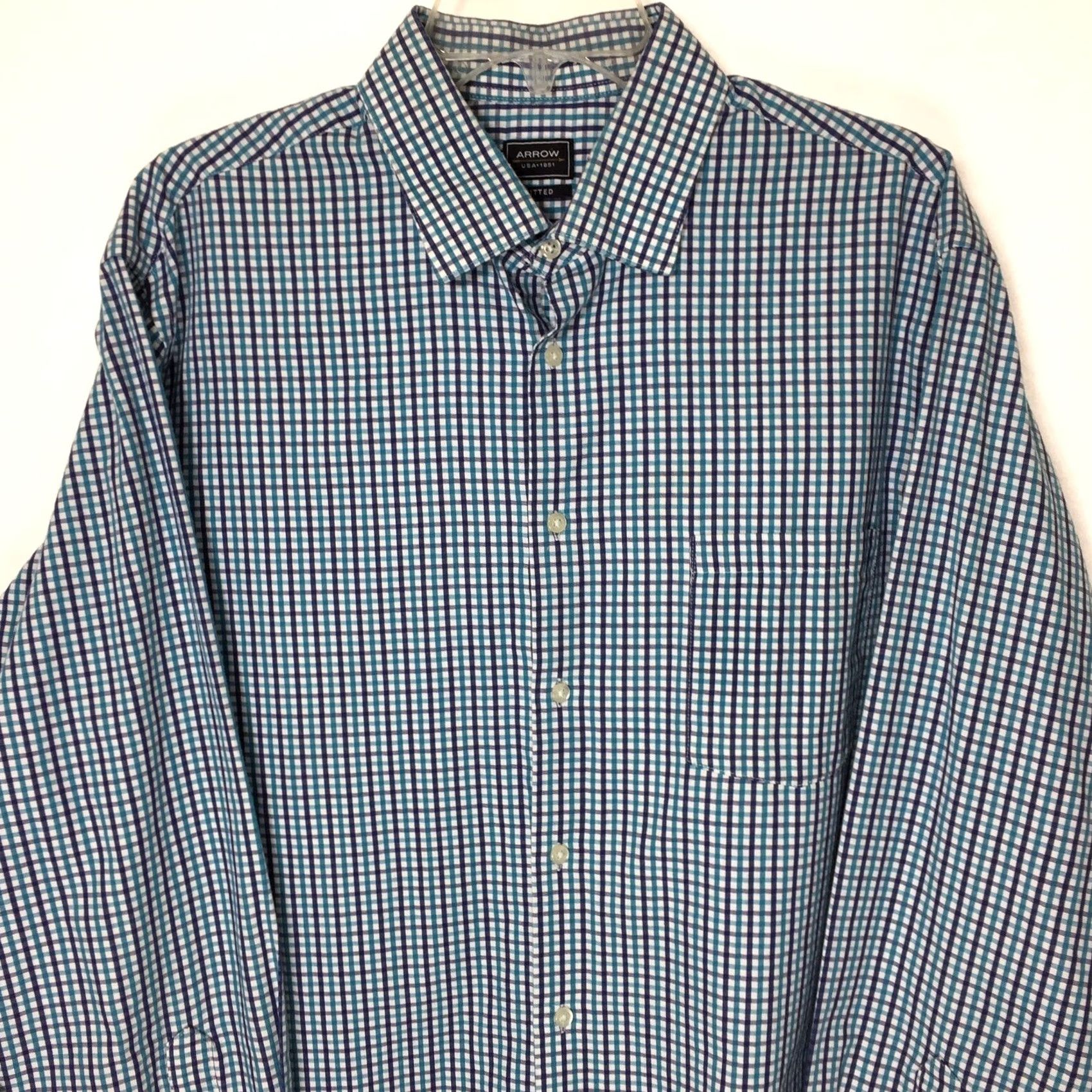 Arrow Arrow Shirt Mens 17 Blue Plaid Long Sleeve Button Up Fitted Size US XL / EU 56 / 4 - 3 Thumbnail