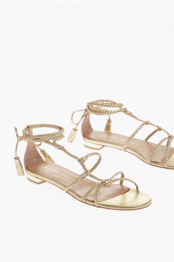 image of Aquazzura Metallic Soft Leather Brasilia Anklestrap Sandals in Gold, Women's (Size 11)