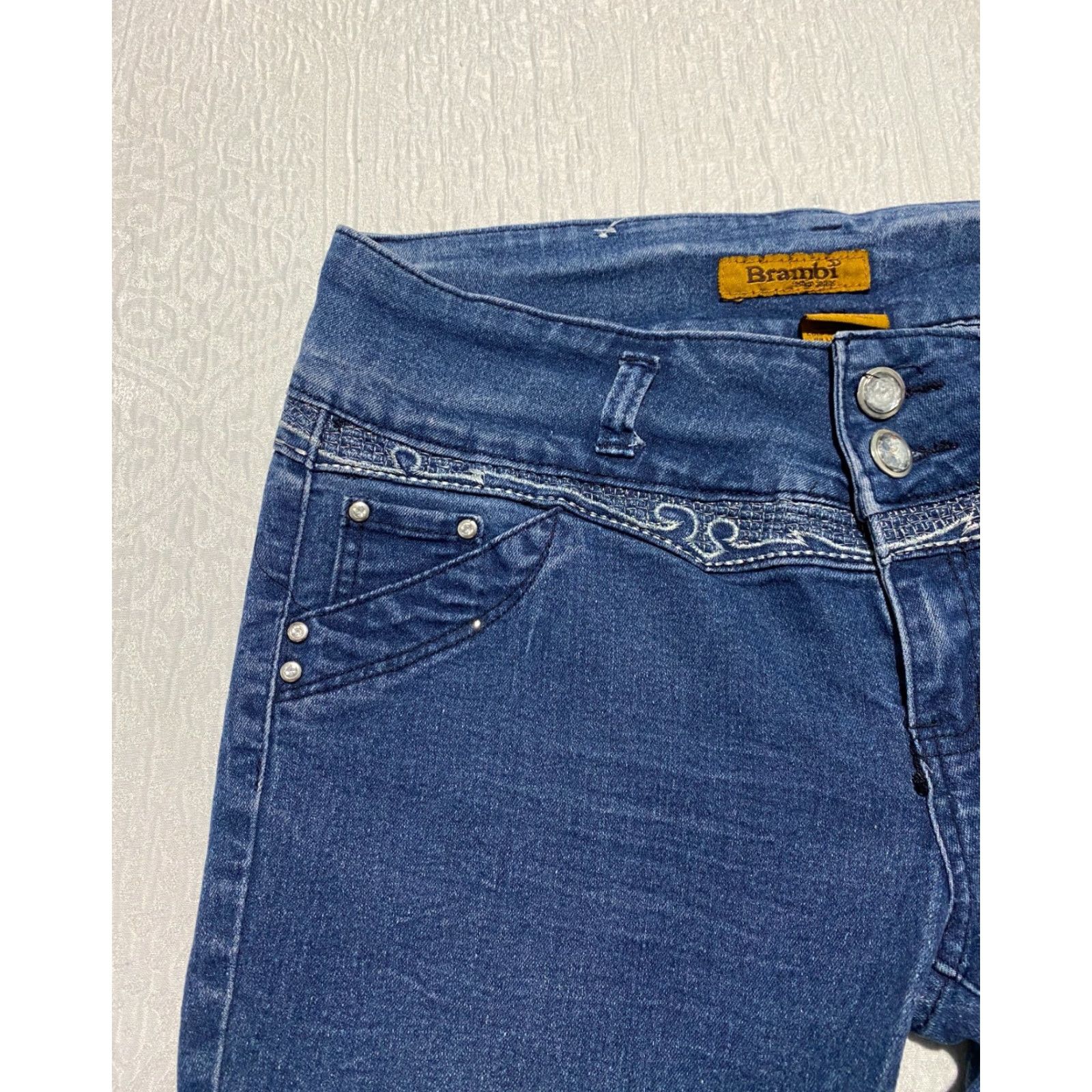Denime Brambi Fashion Jeans Jeans Blue Stretch Denim Rhinestone Juniors Size 15 Slim Regular 5-Pocket Women Girls Mens Size 30" / US 8 / IT 44 - 2 Thumbnail