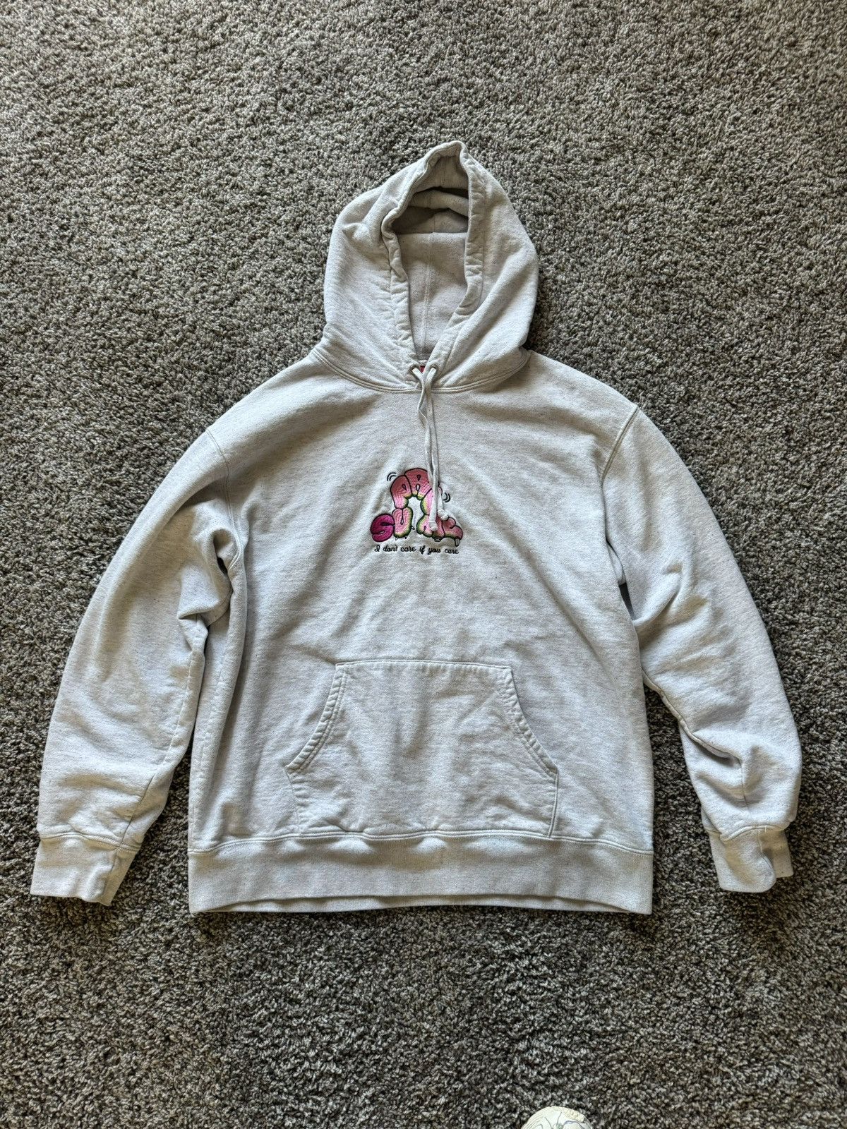 Image of Supreme Don’T Care Hooded Sweatshirt in Heather Grey, Men's (Size Large)