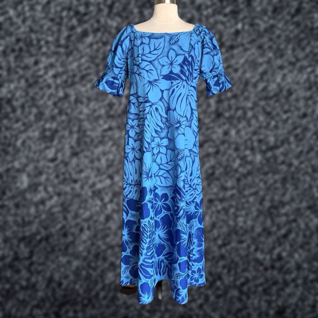 Vintage Smart Design Made In Hawaii Hawaiian Dress Puff Sleeves Floral Tiki Aloha M Blue Maxi Dress Women Casual Short Sleeve Size M / US 6-8 / IT 42-44 - 1 Thumbnail