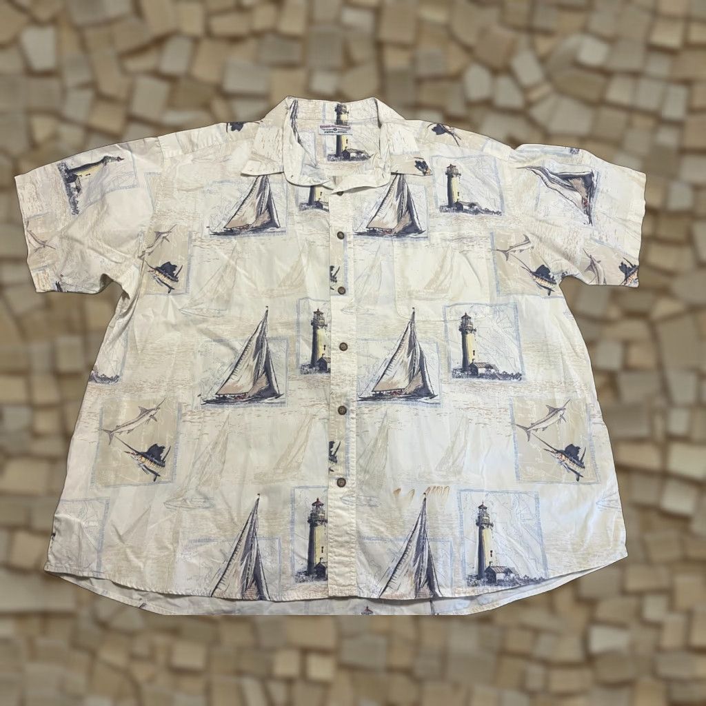 Vintage Boca Classics Shirt Mens 2XL Button-Up White Blue Yellow Sail Boat Light House, Short Sleeve, Collared, Casual, Regular Fit, Blue, Sail Boat, 90s? Size US XXL / EU 58 / 5 - 1 Thumbnail