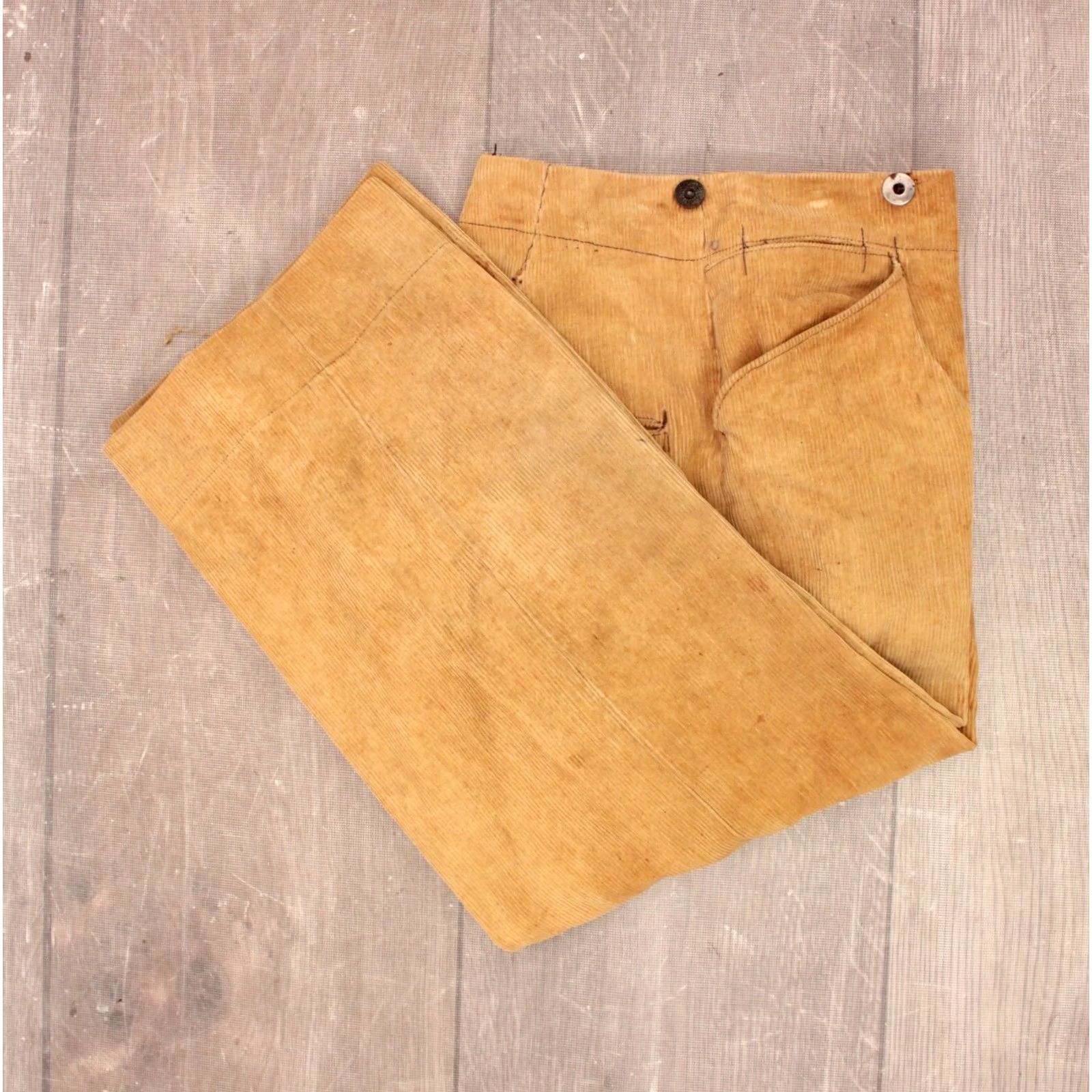 Vintage 1900s Boy's Pants VTG Corduroy 25x18.5 Edwardian Antique Tan Cotton Corduroy Button Fly Size US 26 / EU 42 - 2 Thumbnail