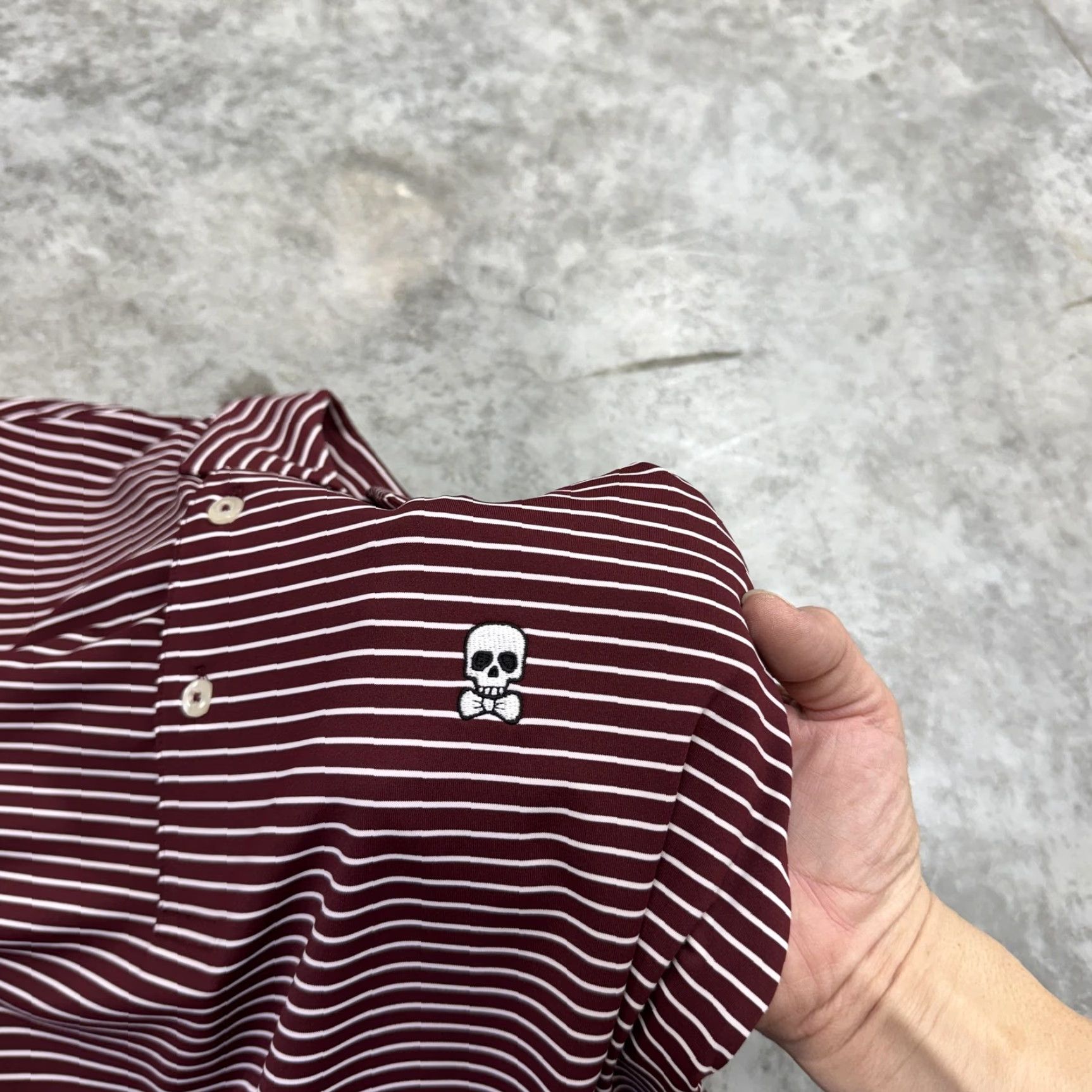 Vintage Salt Pines Polo Shirt Mens XL Burgundy White Stripe Golf Skull Logo Stretch Size US XL / EU 56 / 4 - 2 Thumbnail