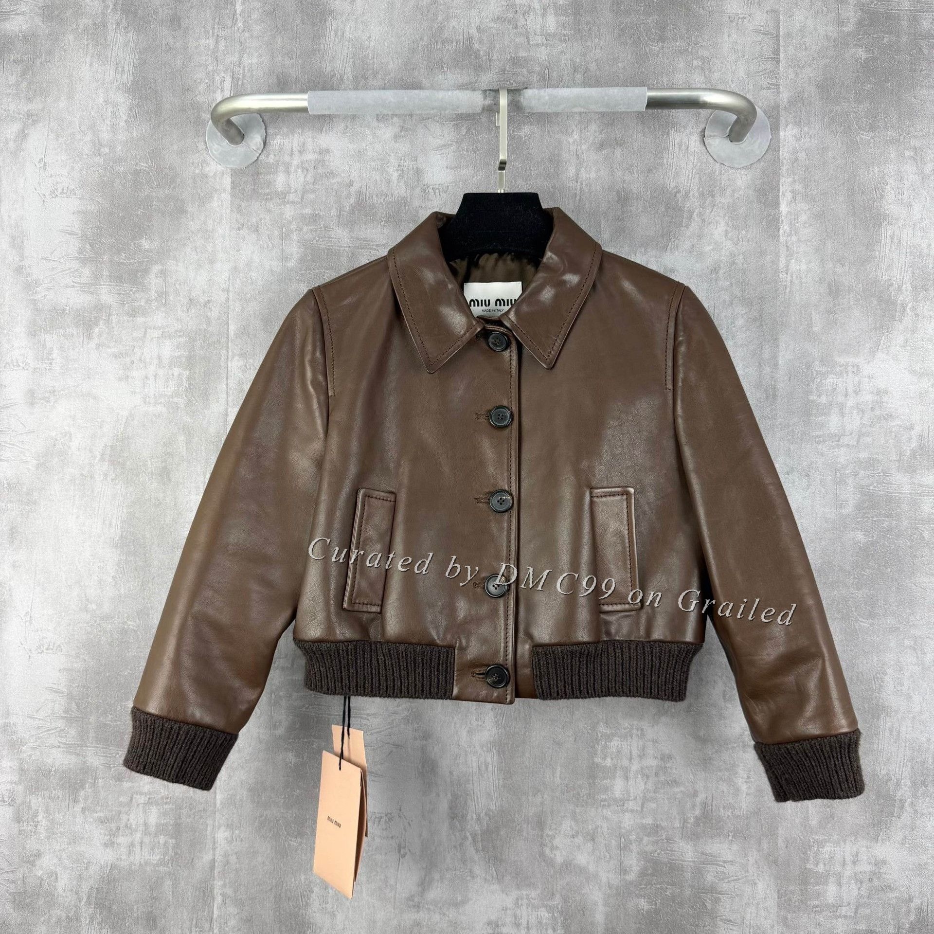 Miu Miu Miumiu Back Logo Wool Knit Leather Jacket Size S / US 4 / IT 40 - 1 Thumbnail
