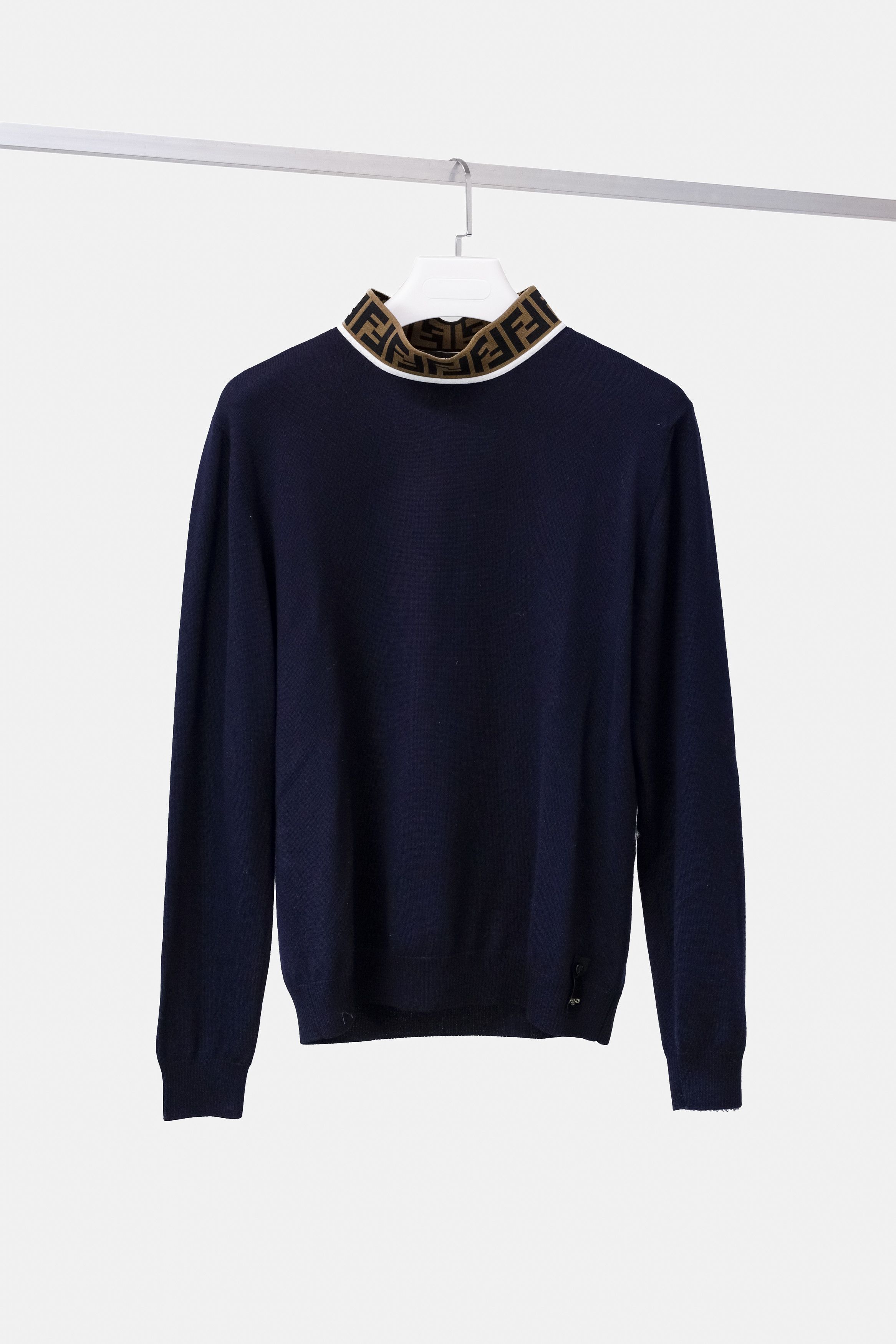 Image of Fendi Navy Mock Neck Logo Pullover, Men's (Size Small)