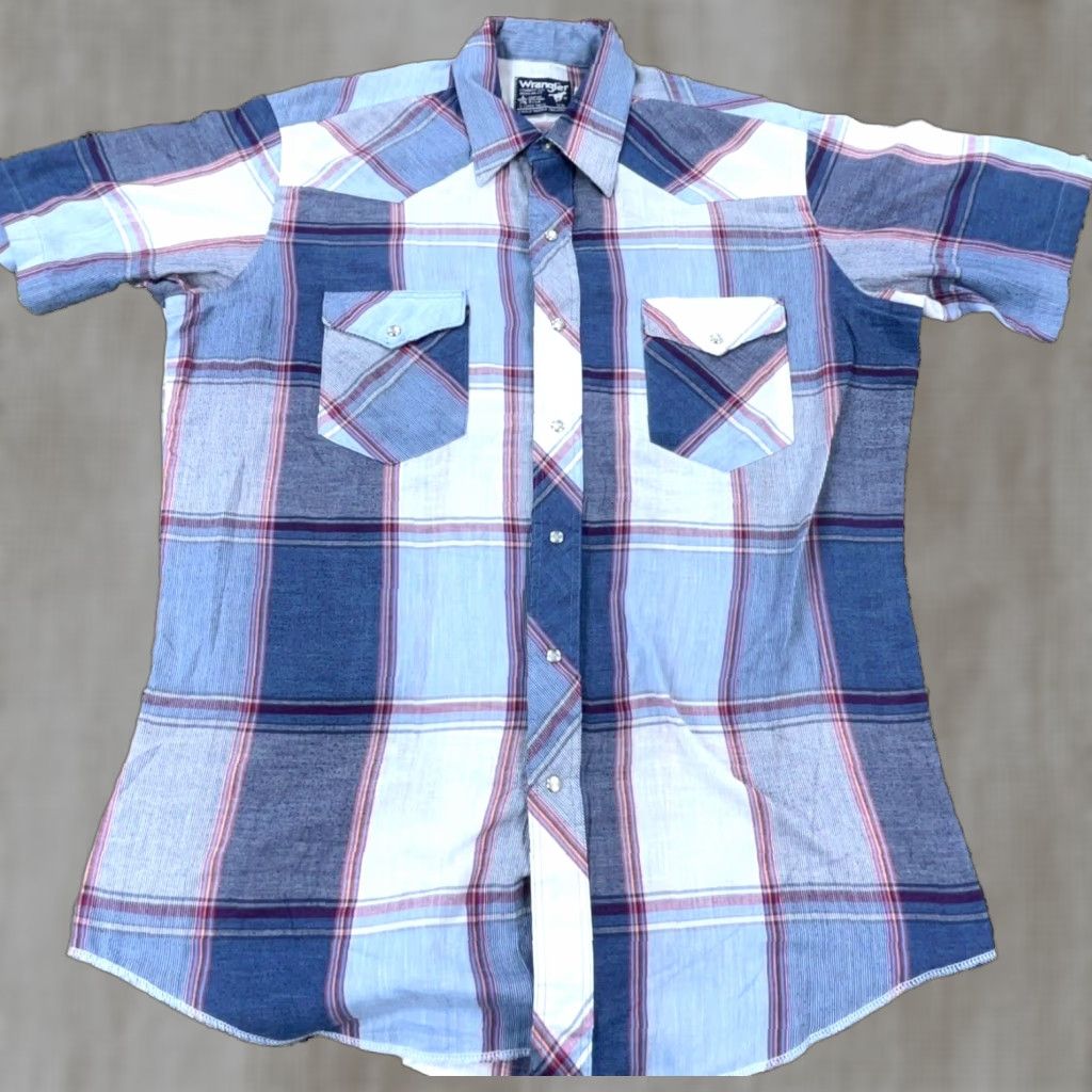 Wrangler VINTAGE Wrangler Western Shirt Men 16.5 Pearl Snap Cowboy Cut Long Tail USA Made Shirt Mens Blue Plaid 16.5 Western Classic American Wrangler Wrancher Size US XL / EU 56 / 4 - 1 Thumbnail