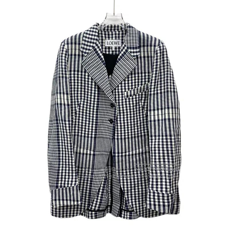 Loewe Loewe Grey Checkered Linen Notched Collar Single-Breasted Size S / US 4 / IT 40 - 1 Thumbnail