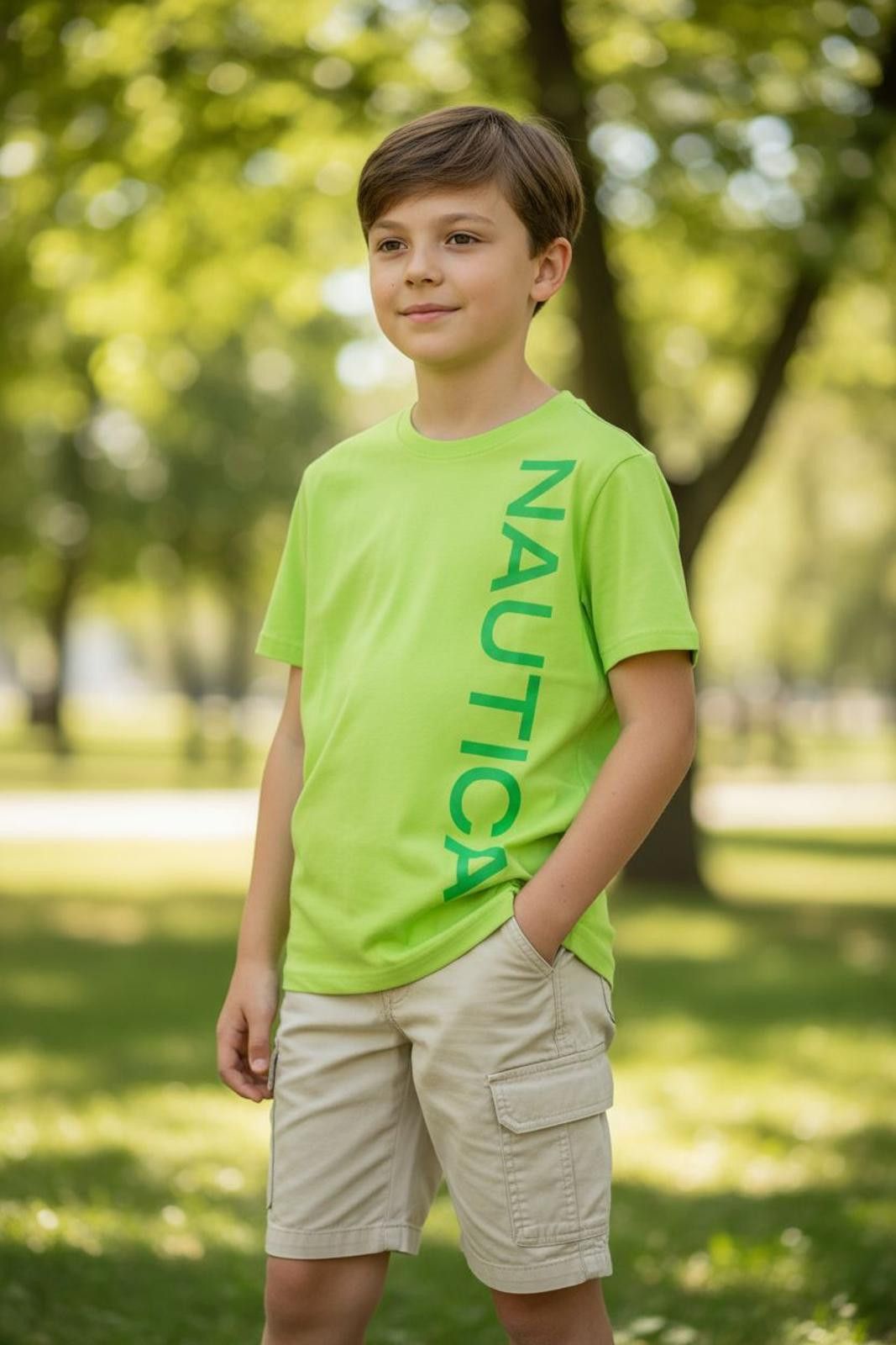 Nautica Nautica Unisex Kids' Lime Green T-Shirt with Vertical Logo Size US L / EU 52-54 / 3 - 1 Thumbnail