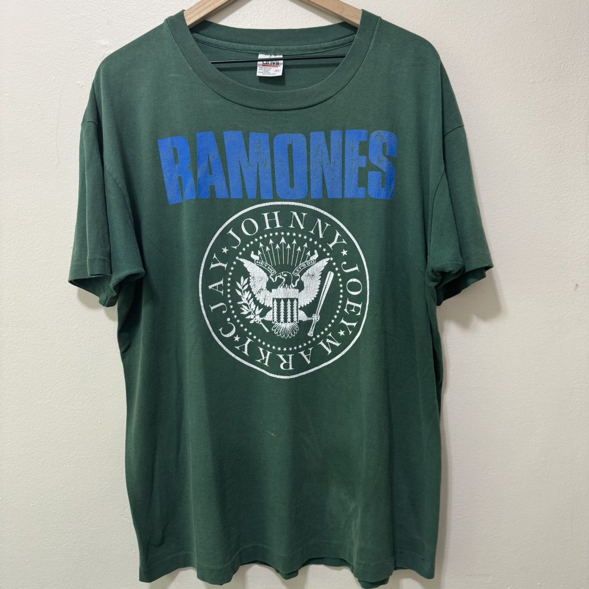 image of Band Tees x Rock T Shirt Vintage 90's Faded Ramones Green Band Tee, Men's (Size XL)