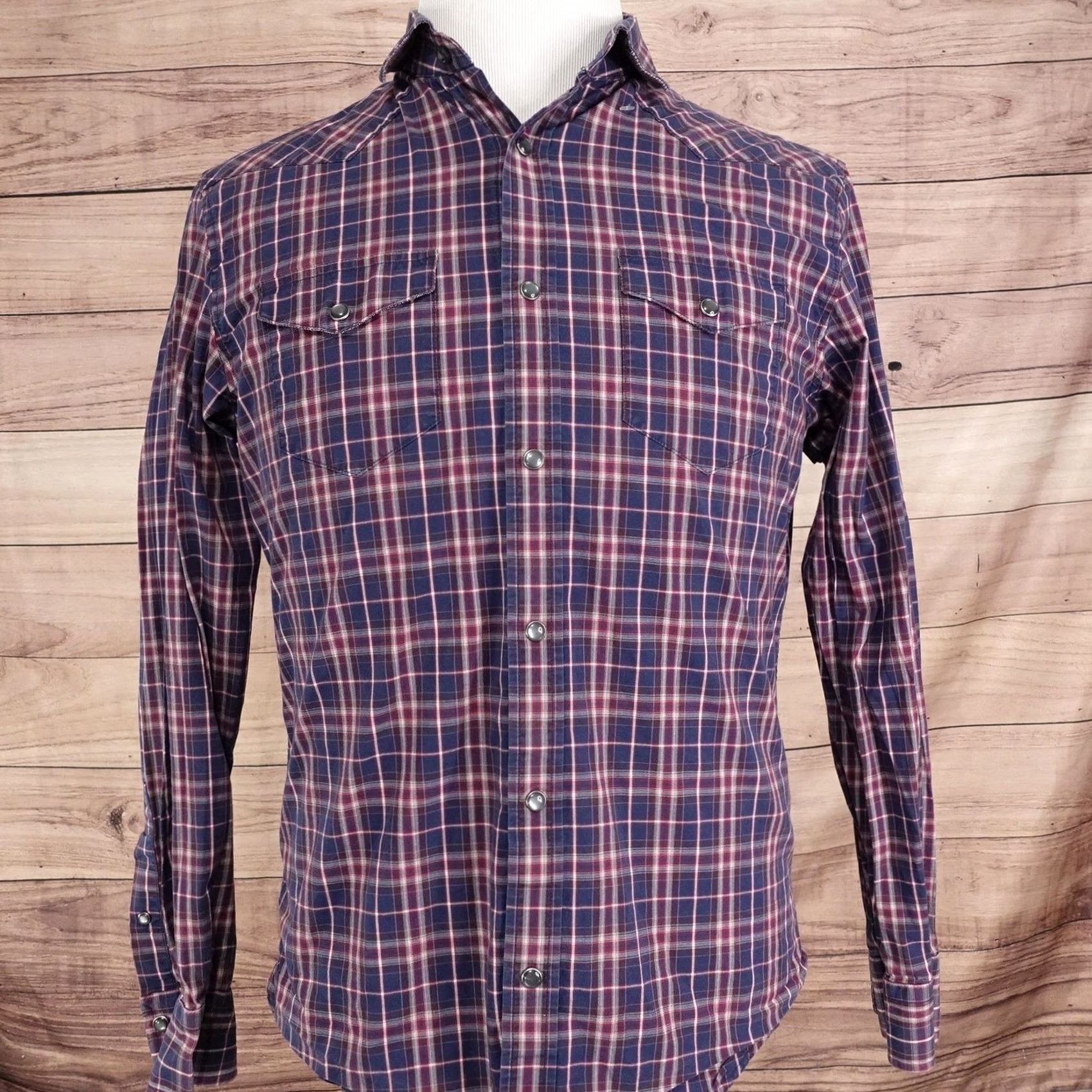 Banana Republic VINTAGE Banana Republic Pearl Snap Shirt Mens M Blue Plaid Long Sleeve Button-Up Slim Fit Size US M / EU 48-50 / 2 - 3 Thumbnail