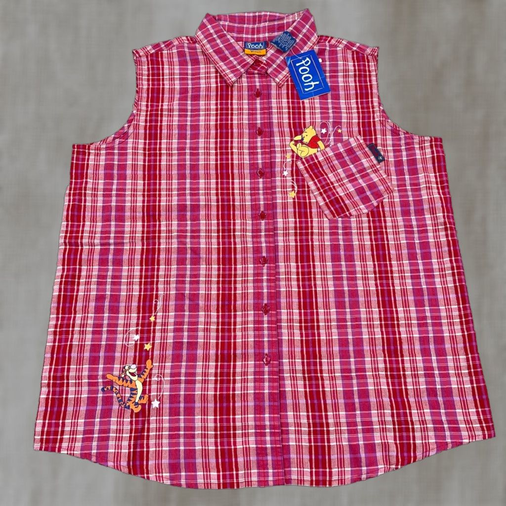 Disney VINTAGE Winnie the Pooh Shirt Womens 14/16W Button Up Sleeveless Red Plaid Adult Size XL / US 12-14 / IT 48-50 - 1 Thumbnail