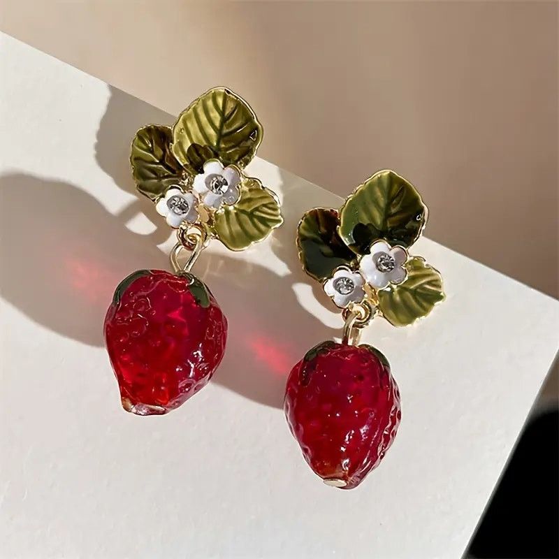 Other Strawberry Drop Earrings–Cute Enamel Fruit Earrings w/ Leaf Size ONE SIZE - 3 Thumbnail