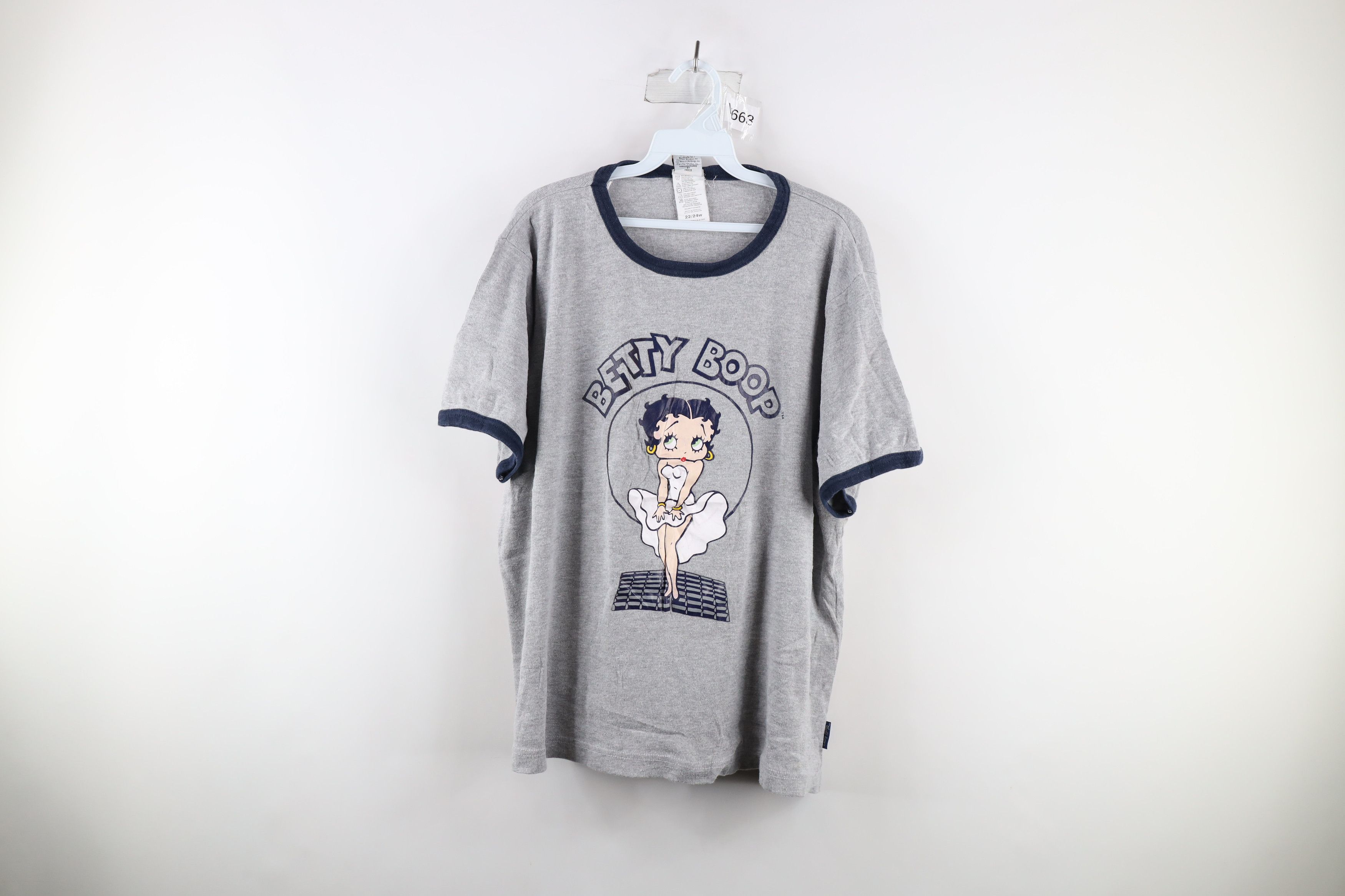 image of Vintage Y2K 2003 Betty Boop Marilyn Monroe Ringer T-Shirt in Grey, Women's (Size 2XL)