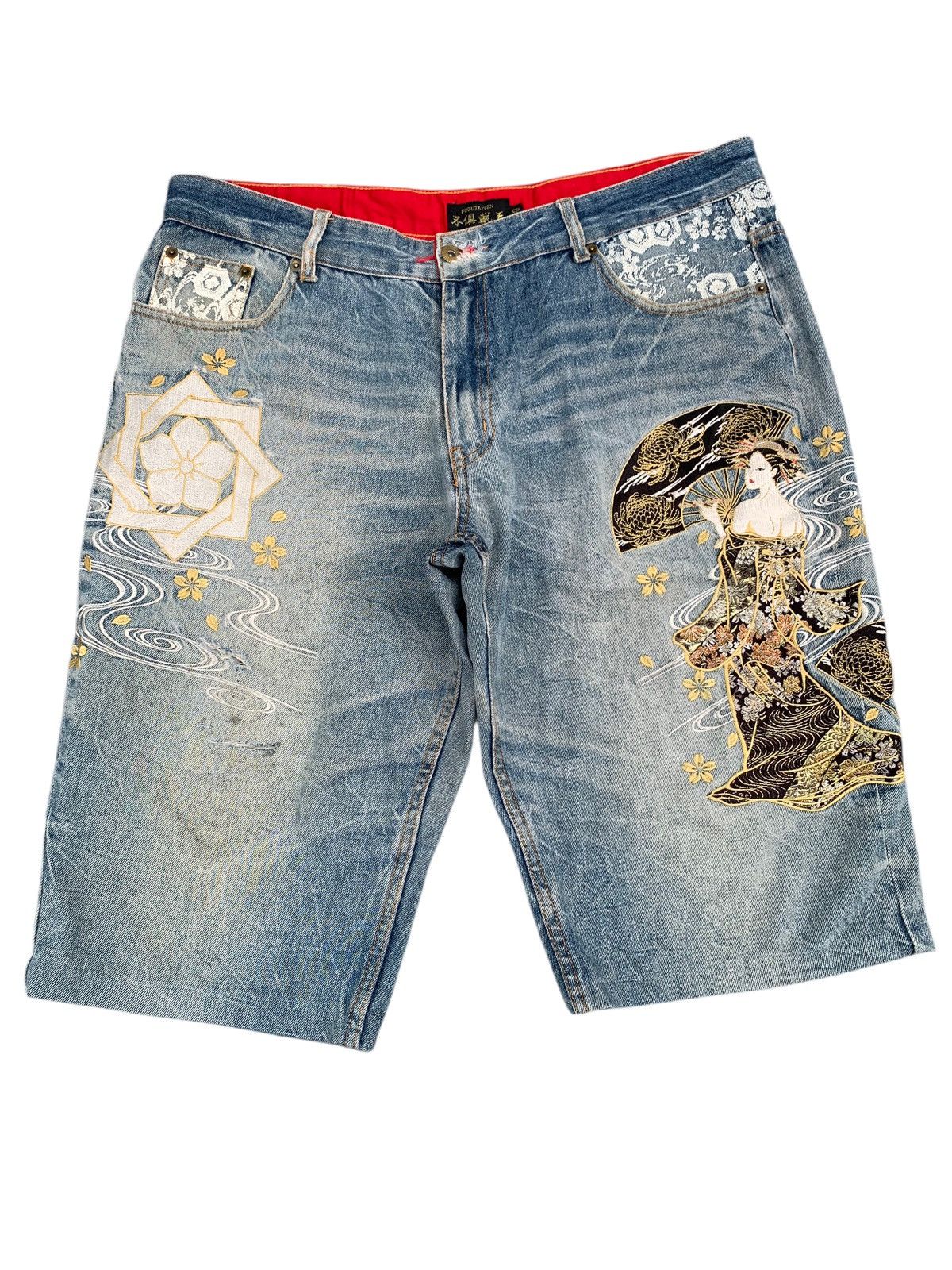 FUGUTAITEN GEISHA EMBROIDERY LIKE KARAKURI JORTS STYLE DENIM