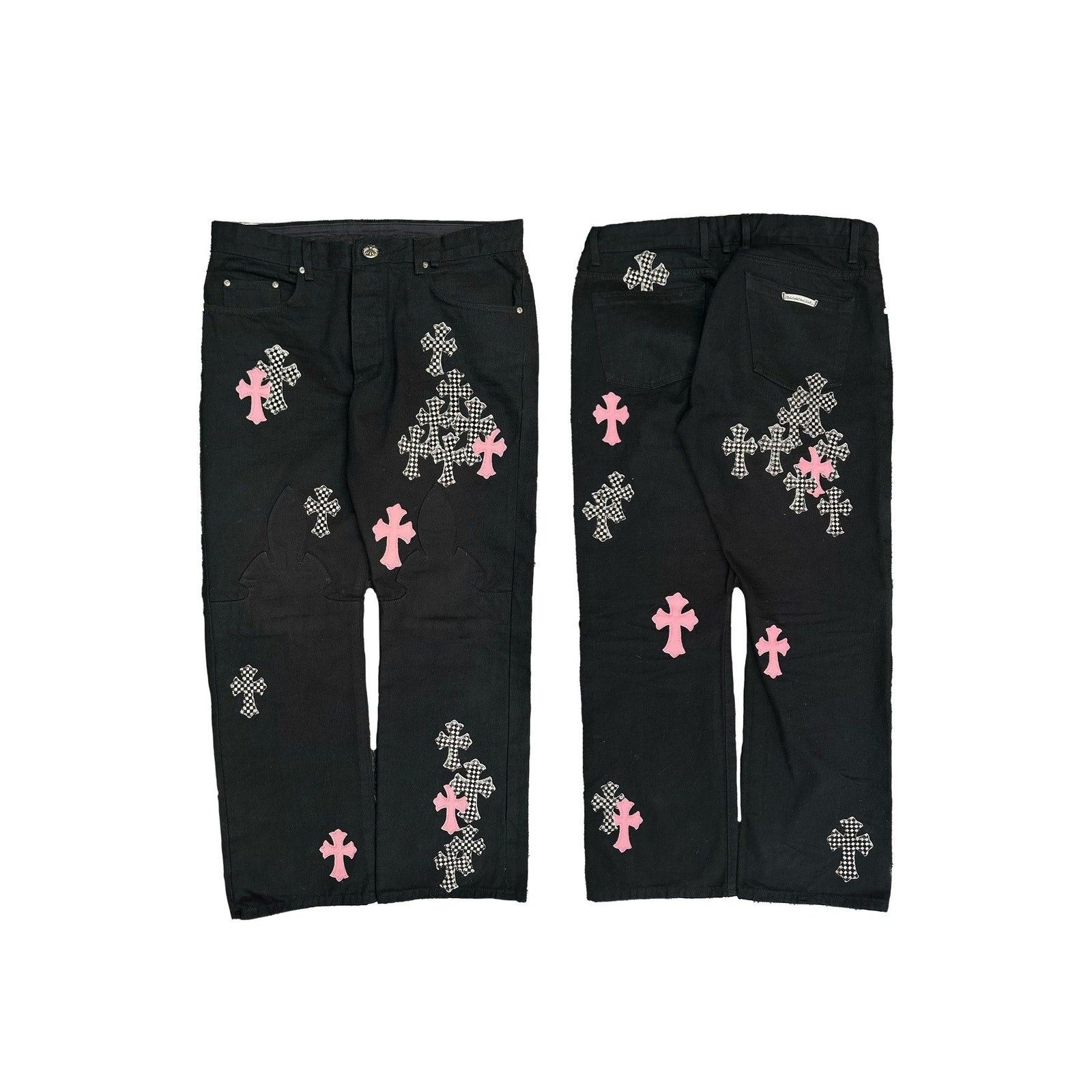 Chrome Hearts CHROME HEARTS PINK/CHECKERED FLEUR KNEE CROSS PATCH DENIM Size US 36 / EU 52 - 2 Thumbnail
