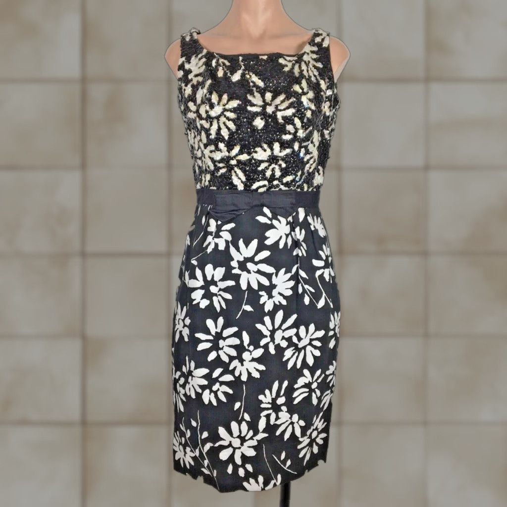 VINTAGE 1960s Mardi Gras Black White Floral Sequin Wiggle Dress True Vintage S/M Formal Glam Rock Multi-Color Women's Dress