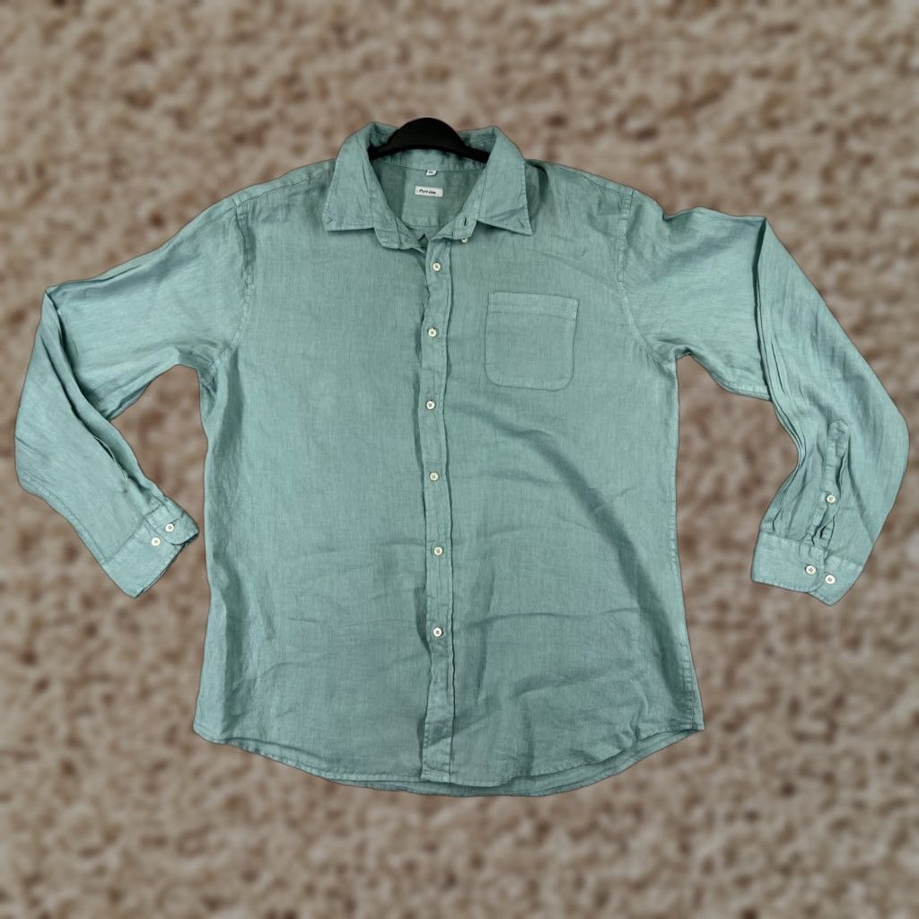 VINTAGE Purno Lino Shirt Mens XL Green Button-Up 100% Linen Beach Summer Camp