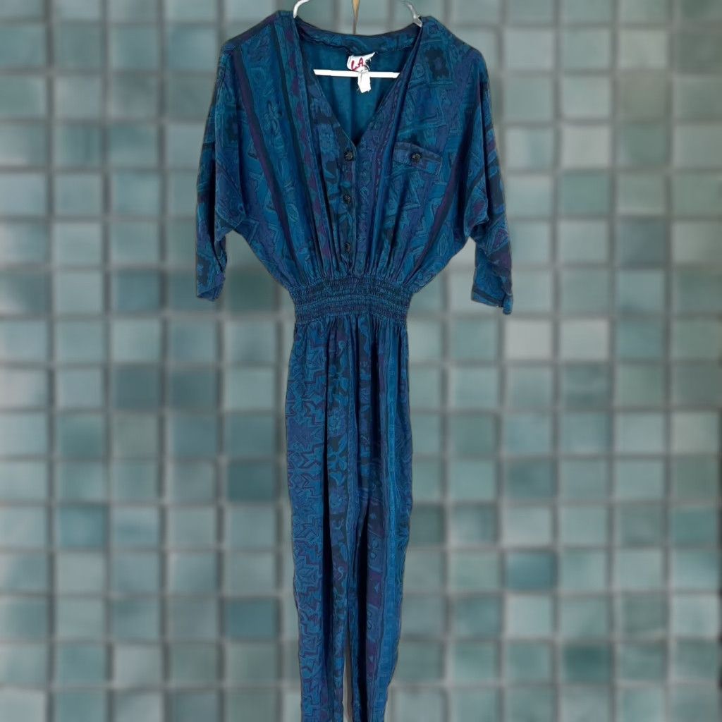 Vintage VINTAGE LA GAL Jumpsuit Women Size 6 Blue Geometric 80s Boho 3/4 Sleeve V-Neck Button Spring Fall Summer Regular Womens Size 28" / US 6 / IT 42 - 1 Thumbnail
