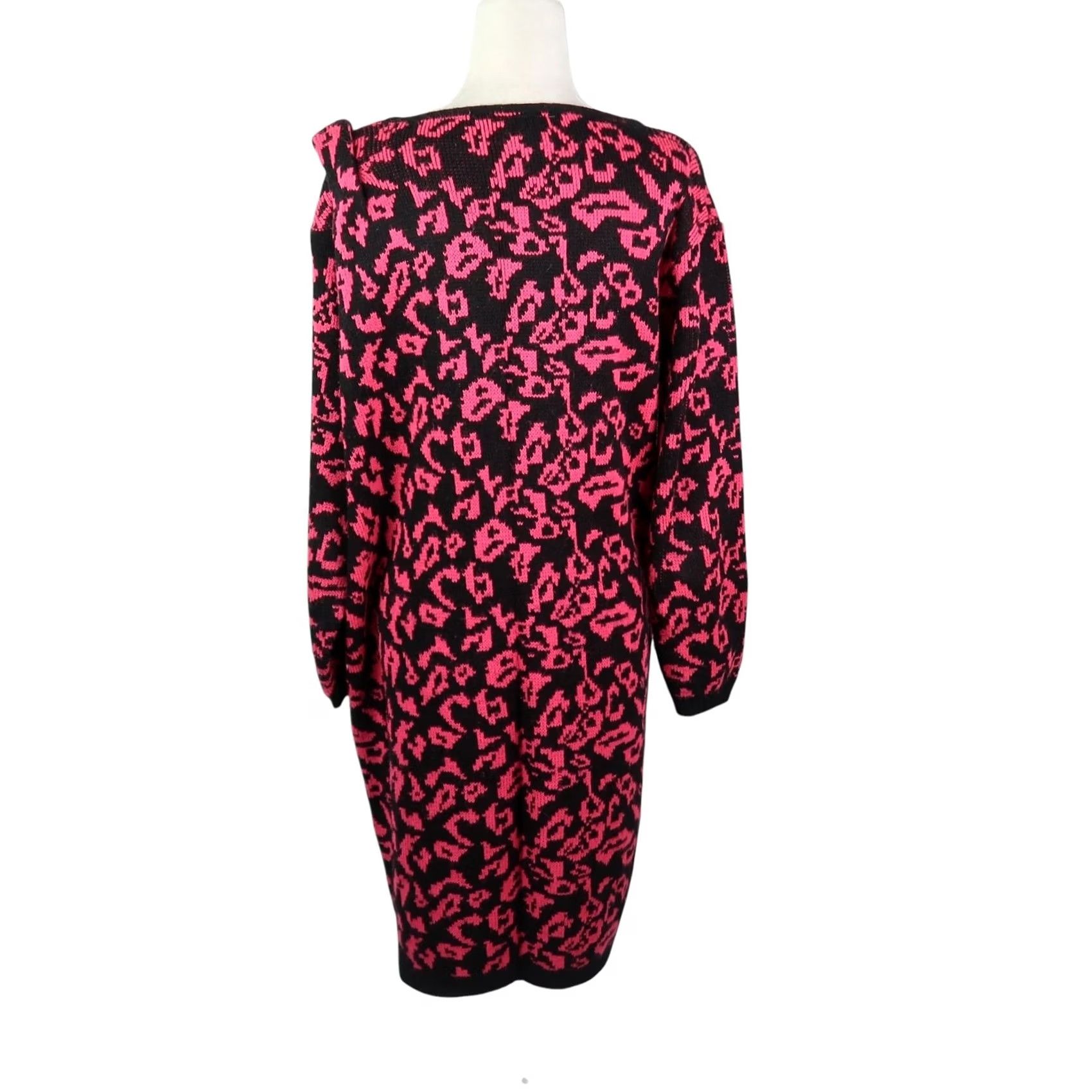 Vintage VINTAGE Darian Pink Black Leopard Print Knit Sweater Dress L Womens Long Sleeve 80s 90s Casual Party/Cocktail Knee Length Acrylic Knit Size L / US 10 / IT 46 - 4 Thumbnail