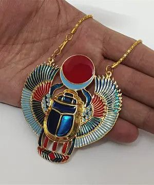 Handmade Egyptian scarab necklace with wings red sun disc