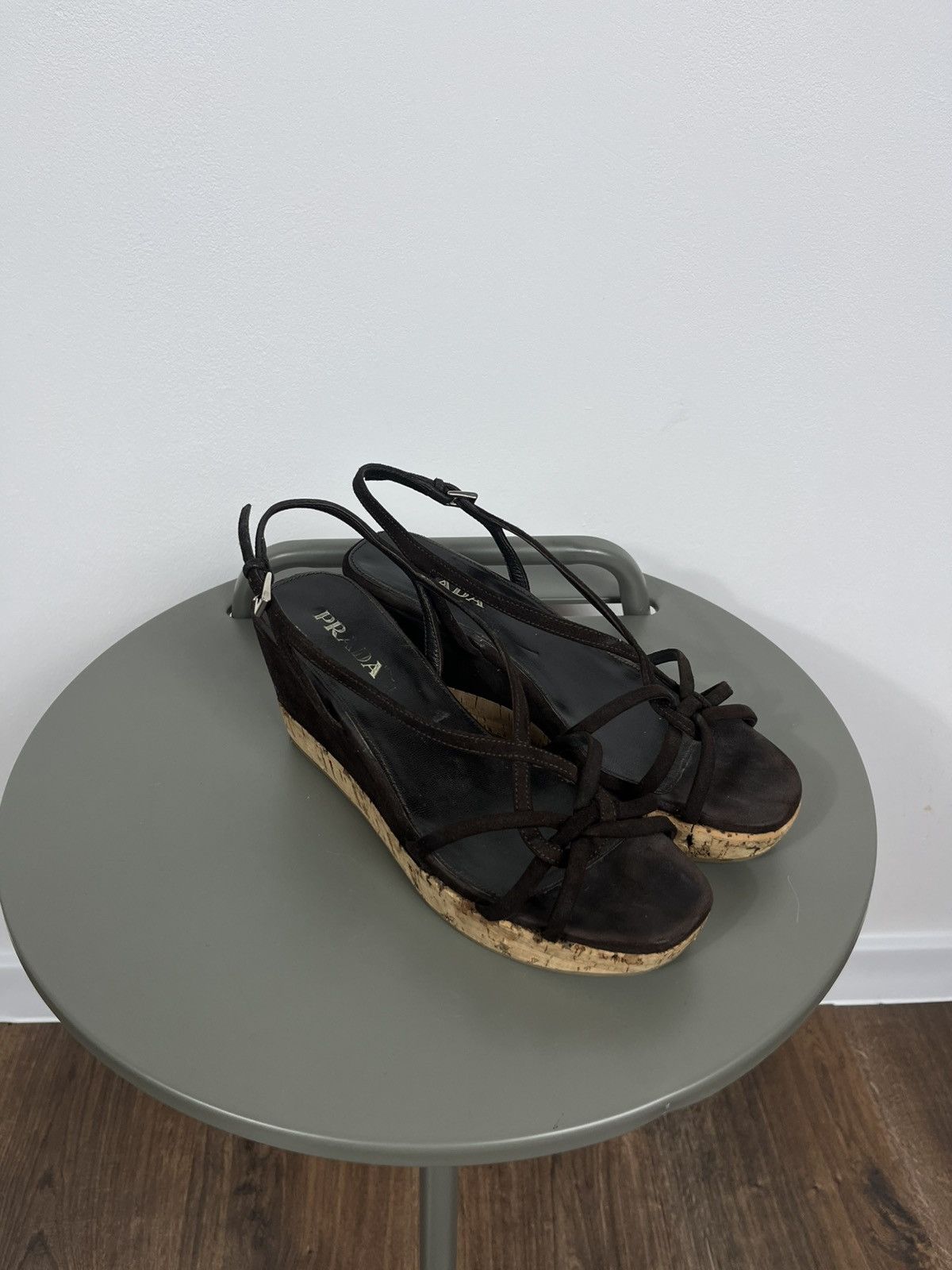 Prada Brown Suede Cork Wedge Sandals – Size 36.5 Women’s