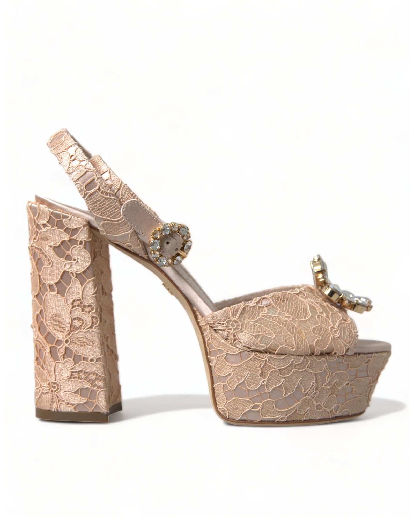 image of Dolce Gabbana Lace Platform Block Heel Shoes Sandals in Pink, Women's (Size 10)