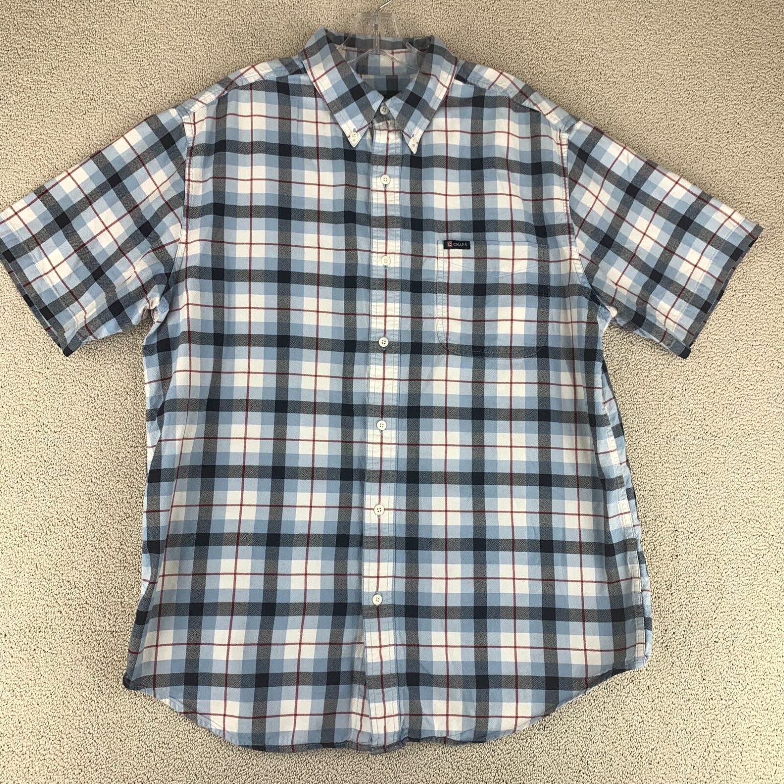 Chaps Chaps Button Up Shirt Men's Large Short Sleeve Blue Plaid Chest ...