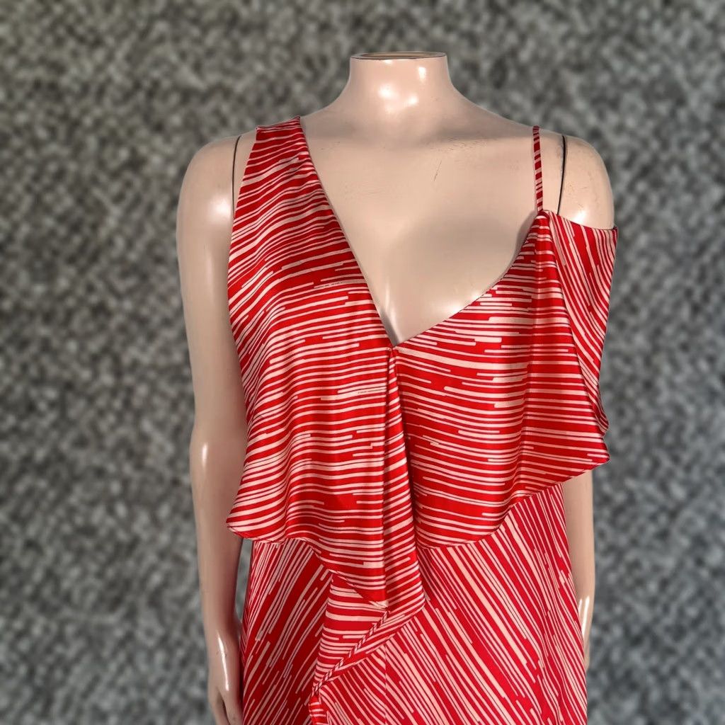 Diane von Furstenberg Diane von Furstenberg Dress Womens 10 Silk Striped Ruffle Designer Party Knee Length Red Size L / US 10 / IT 46 - 1 Thumbnail