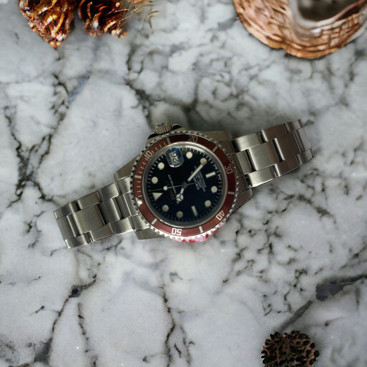 Japanese Brand Seiko Mod Submariner Black Dial Brown Bezel Steel Watch NH35 Size ONE SIZE - 2 Thumbnail