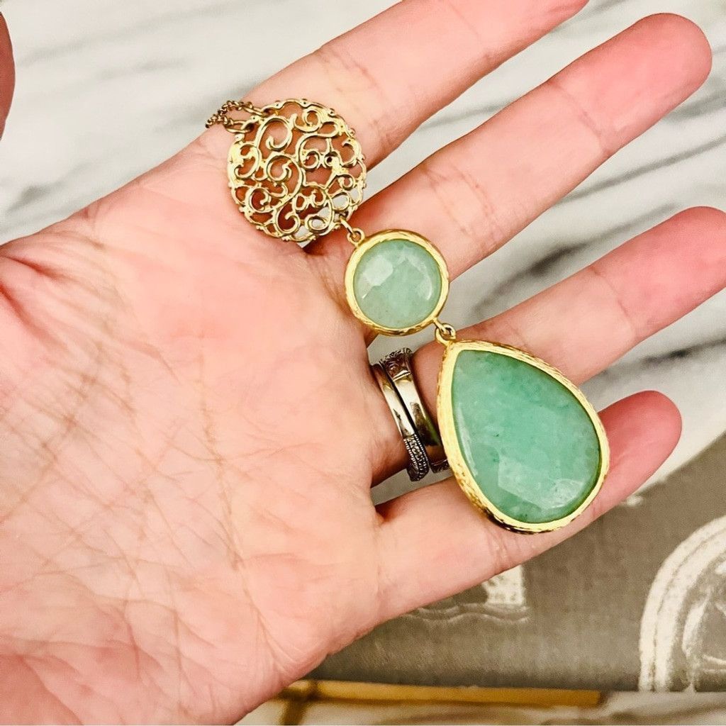 Jewelry Green Aventurine Gemstone Pendant Necklace Gold Toned Boho Size ONE SIZE - 5 Thumbnail