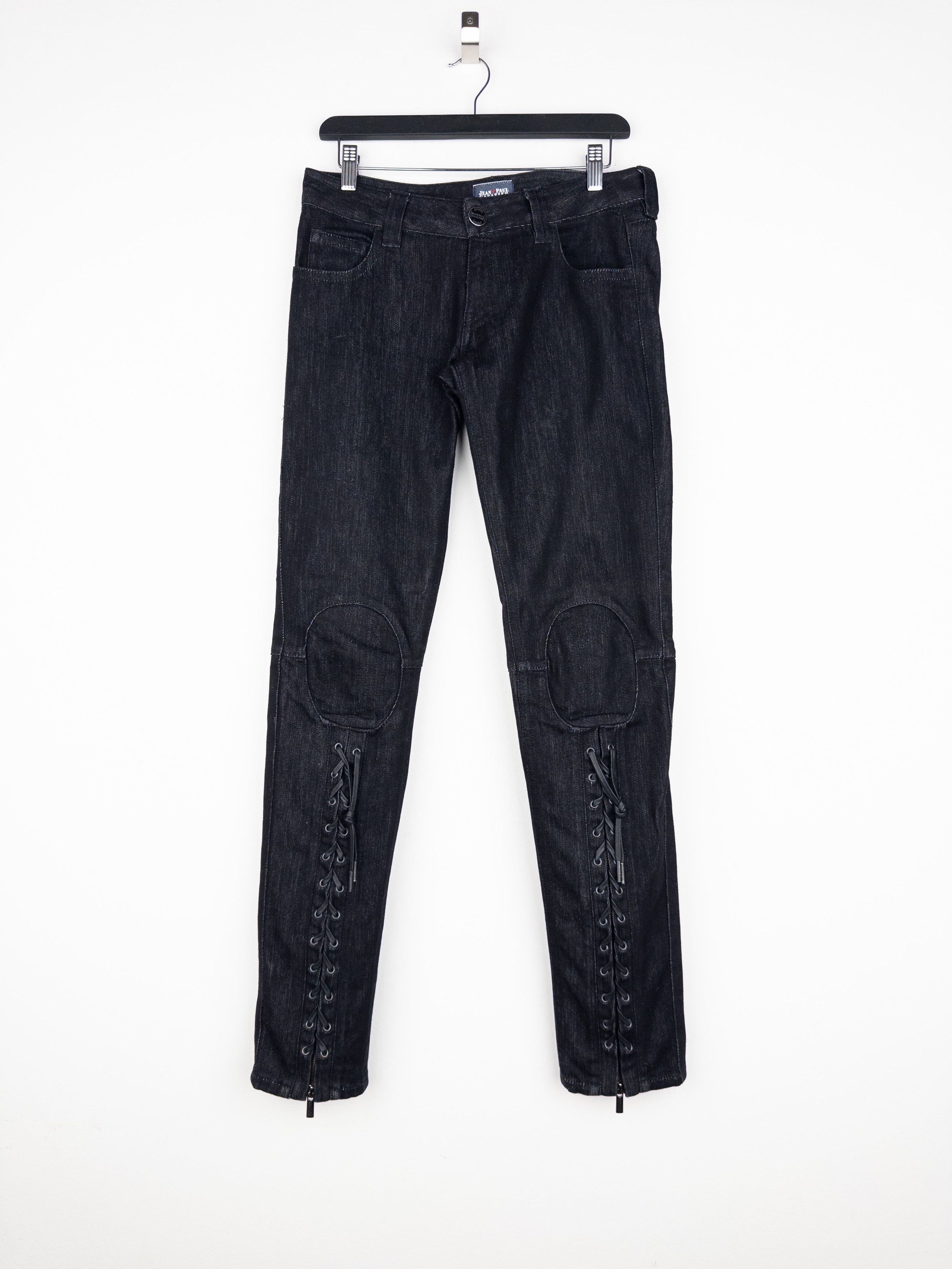 Jean Paul Gaultier 2000s Lace Bondage Denim Biker Jeans Size 42" / US 20 - 1 Thumbnail