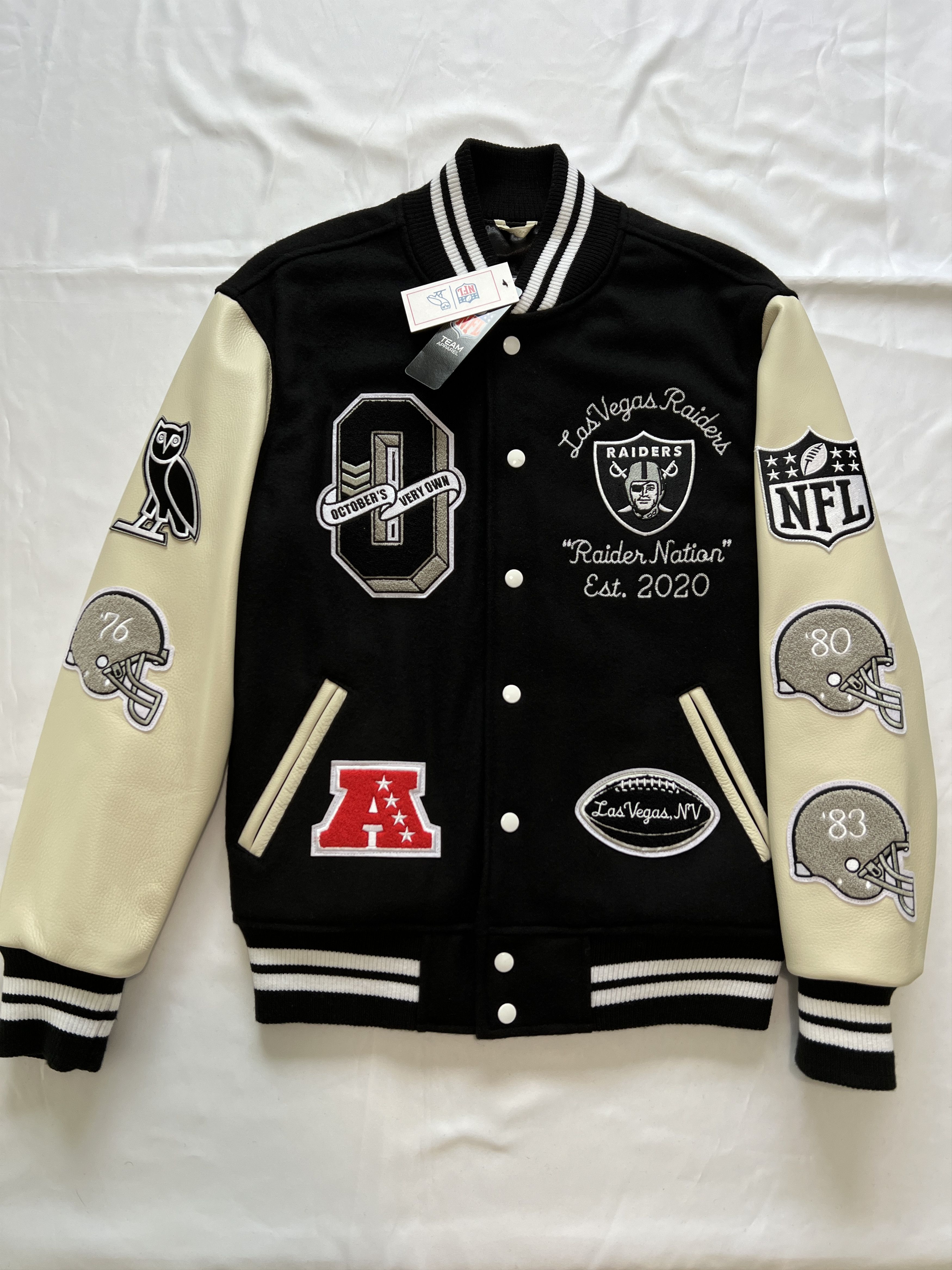 Drake OVO X NFL Las Vegas Raiders Leather Wool Varsity Jacket Size US M / EU 48-50 / 2 - 1 Thumbnail