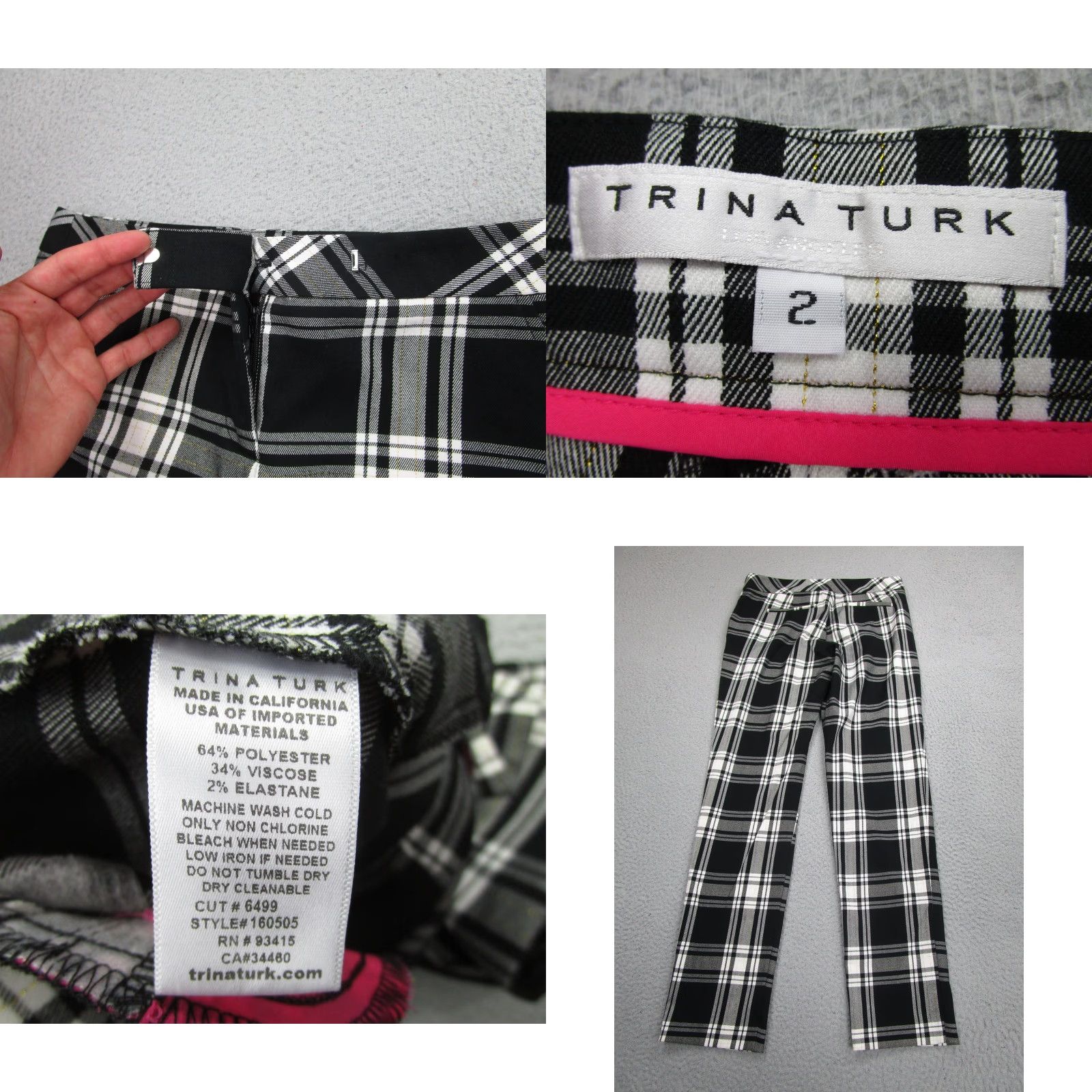 Trina Turk Trina Turk Pants Womens 2 Black White Plaid Straight Leg Dress Career Stretch Size 26" / US 2 / IT 38 - 8 Thumbnail