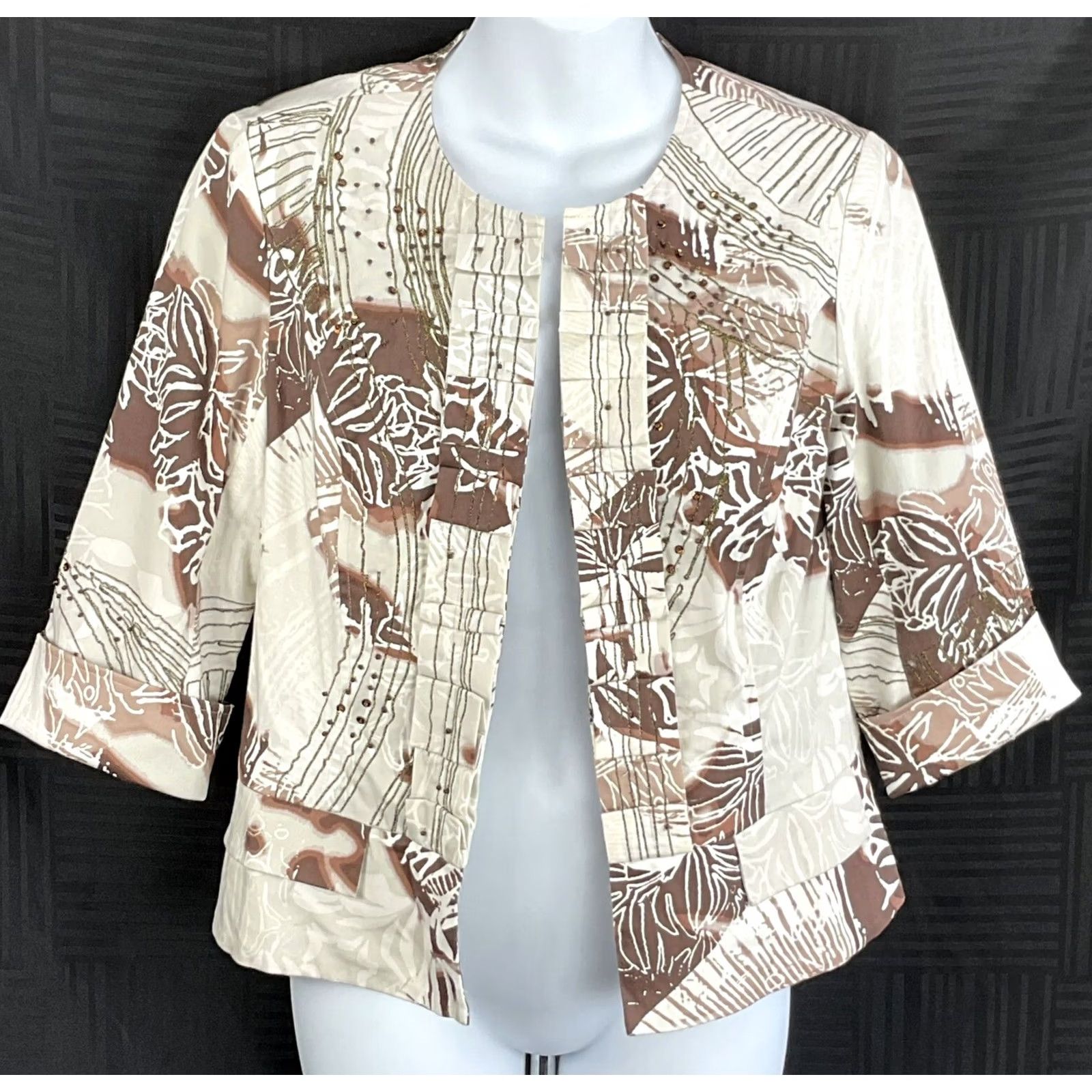 Coldwater Creek Coldwater Creek Blazer Jacket Cropped 4 Brown Geometric Beads Geometric Pattern Lined 3/4 Sleeve Womens Size S / US 4 / IT 40 - 6 Thumbnail