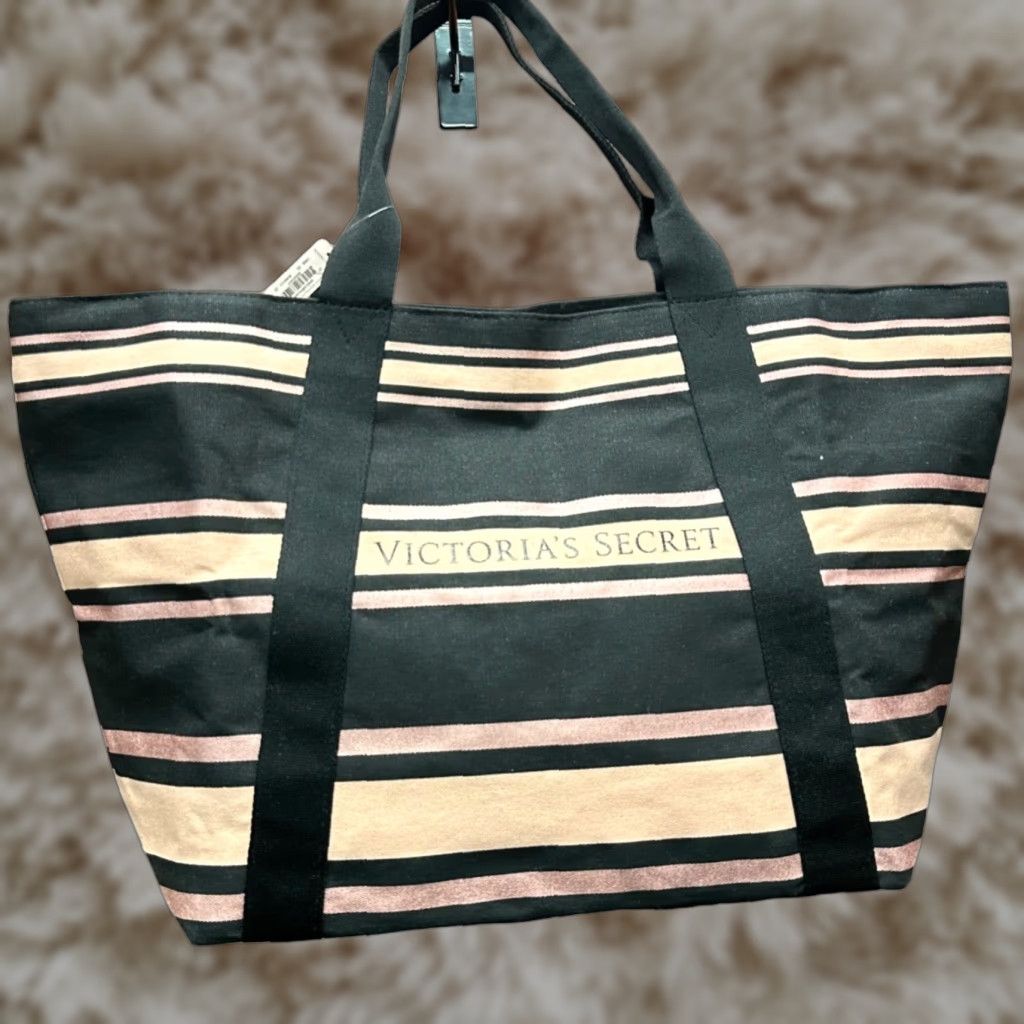 Victorias Secret Tote Bag Womens L Pink Black Stripe Rose Gold Zipper Closure Weekend NWT