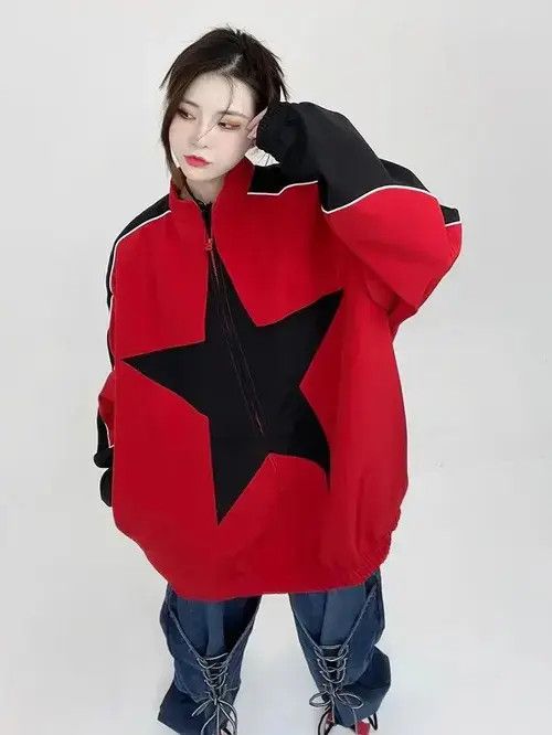 Designer Jacket windbreaker Harajuku style stars Y2k zipper patchwork Size US L / EU 52-54 / 3 - 4 Thumbnail