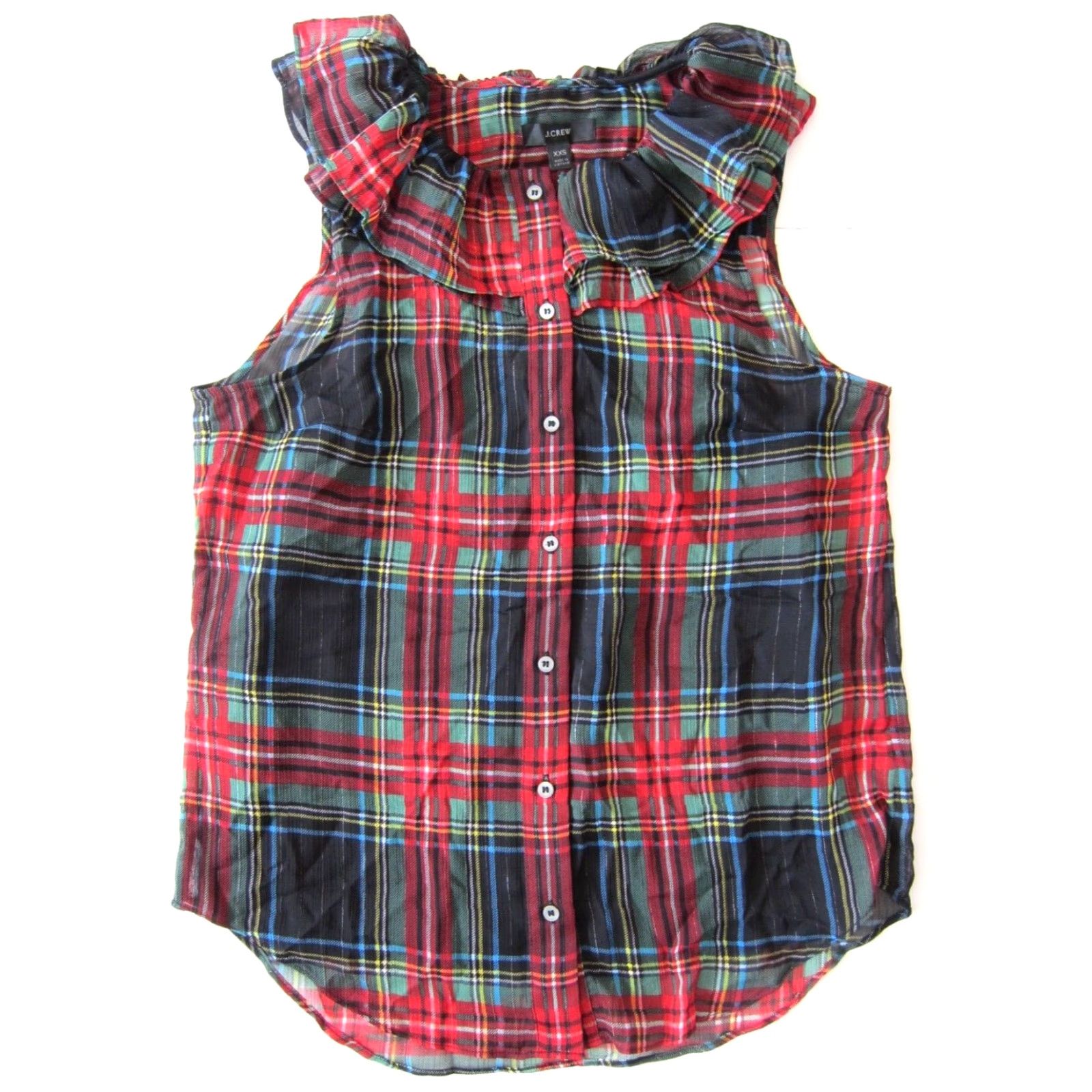 J.Crew NWT J.Crew Blouse Sleeveless Ruffle Neck Button Down Plaid Green XXS Women's Size XXS / US 00 / IT 34 - 8 Thumbnail
