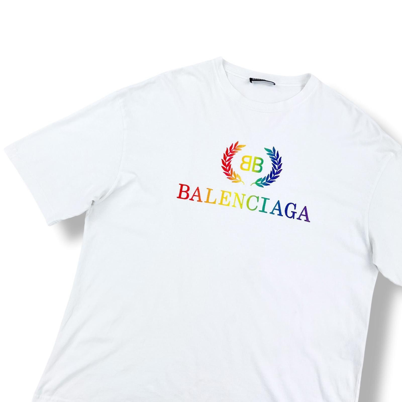 Balenciaga Rainbow Embroidered BB Crest White T Shirt