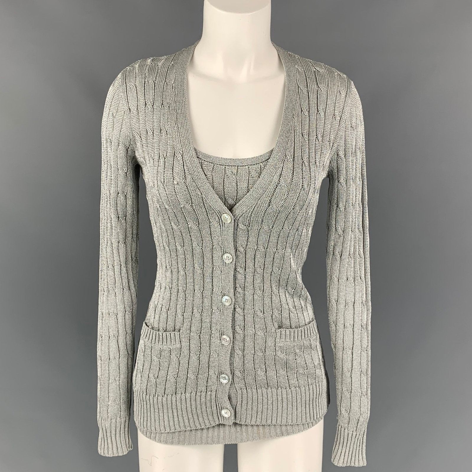 Ralph Lauren RALPH LAUREN Black Label S Silver Cable Knit Cardigan Set Size S / US 4 / IT 40 - 1 Thumbnail