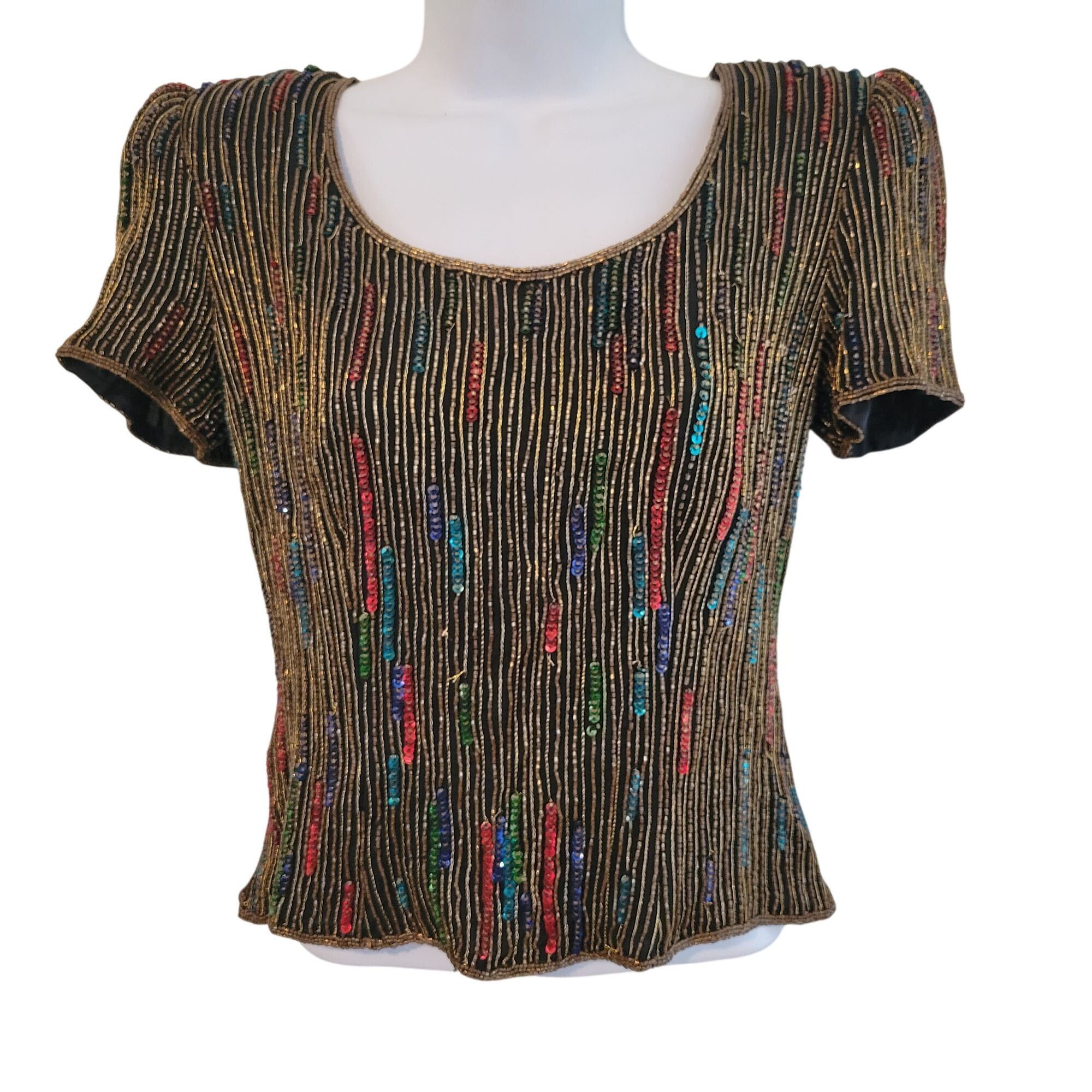 Other Stenay S Silk Rainbow Beaded Black Top Short Sleeves Sequins Size S / US 4 / IT 40 - 1 Thumbnail