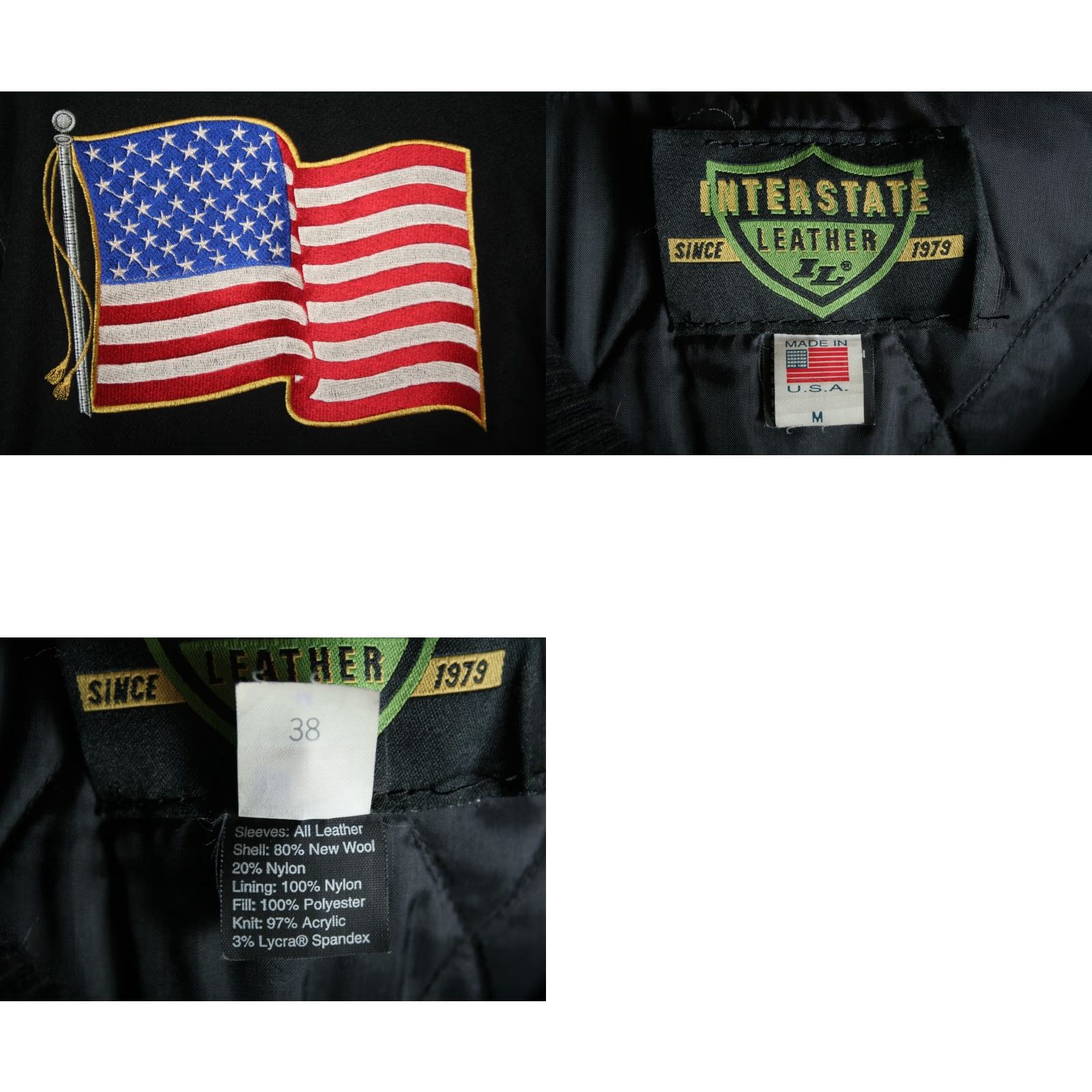 Vintage INTERSTATE Bomber Jacket Wool Blend Leather USA Flag Embroidered Sz M (Fits L) Mens Jacket Black Size US M / EU 48-50 / 2 - 8 Thumbnail
