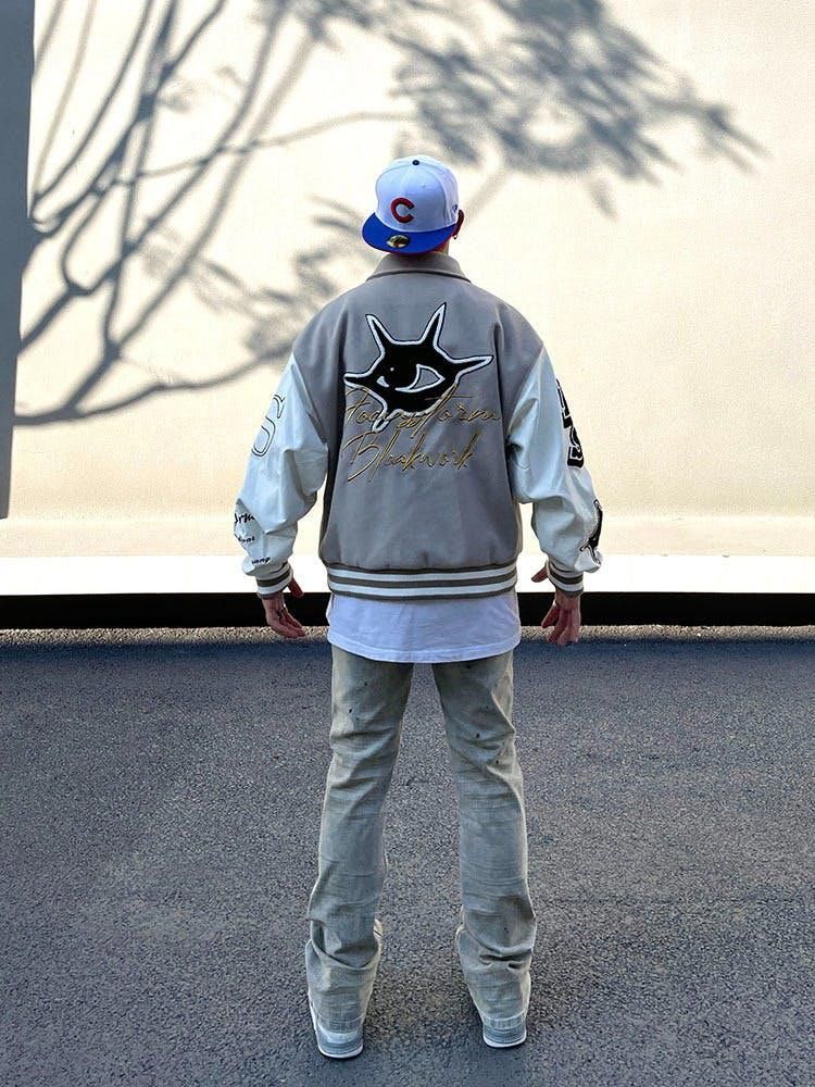 image of Retro Jacket x Varsity Jacket Embroidered Patched Varsity Jacket in Grey, Men's (Size Medium)