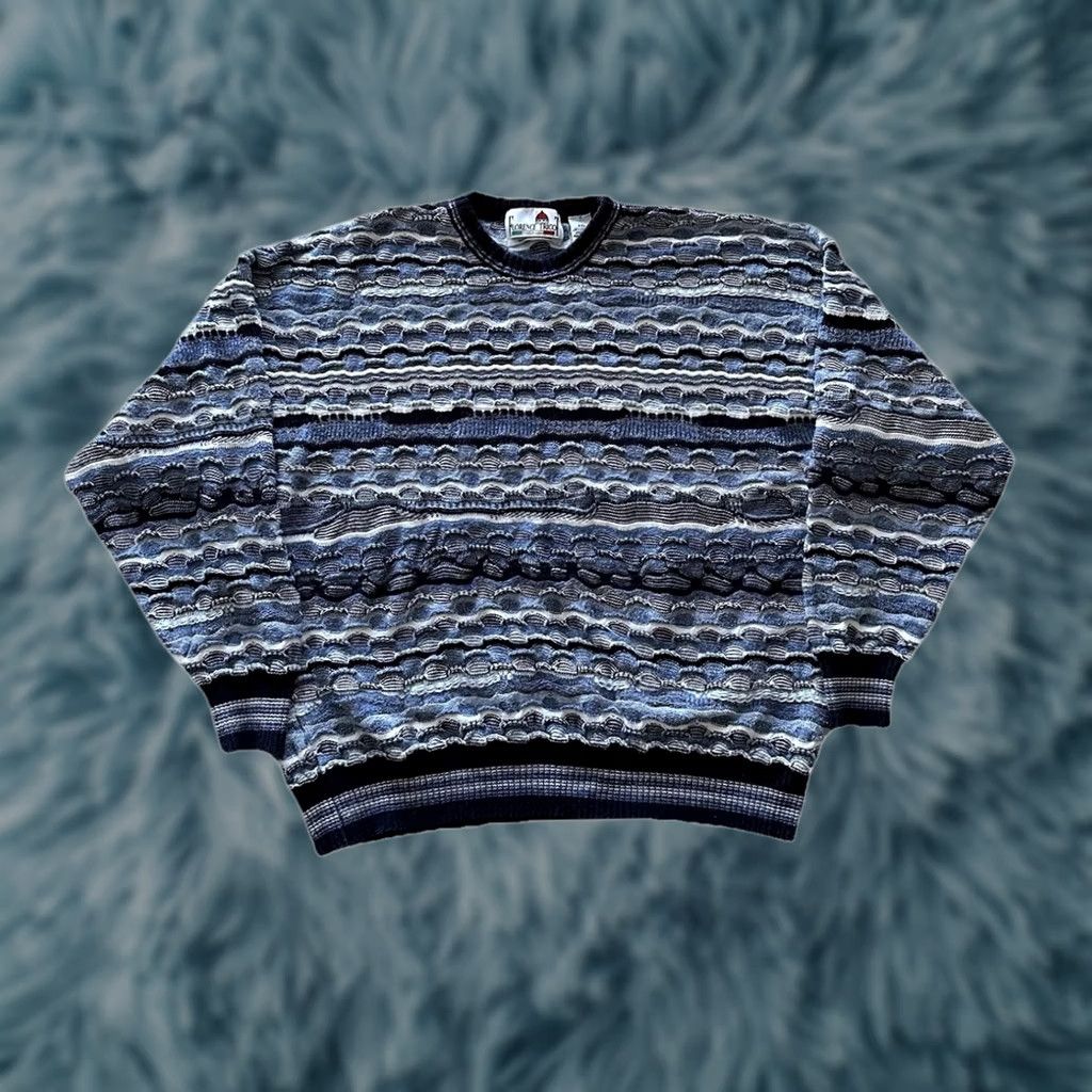 Vintage VINTAGE Florence Tricot Sweater 3D Patterned Knit 90s Crew Neck Mens XXL Blue White Pullover Heavyweight Knit Shirt Size US XXL / EU 58 / 5 - 1 Thumbnail
